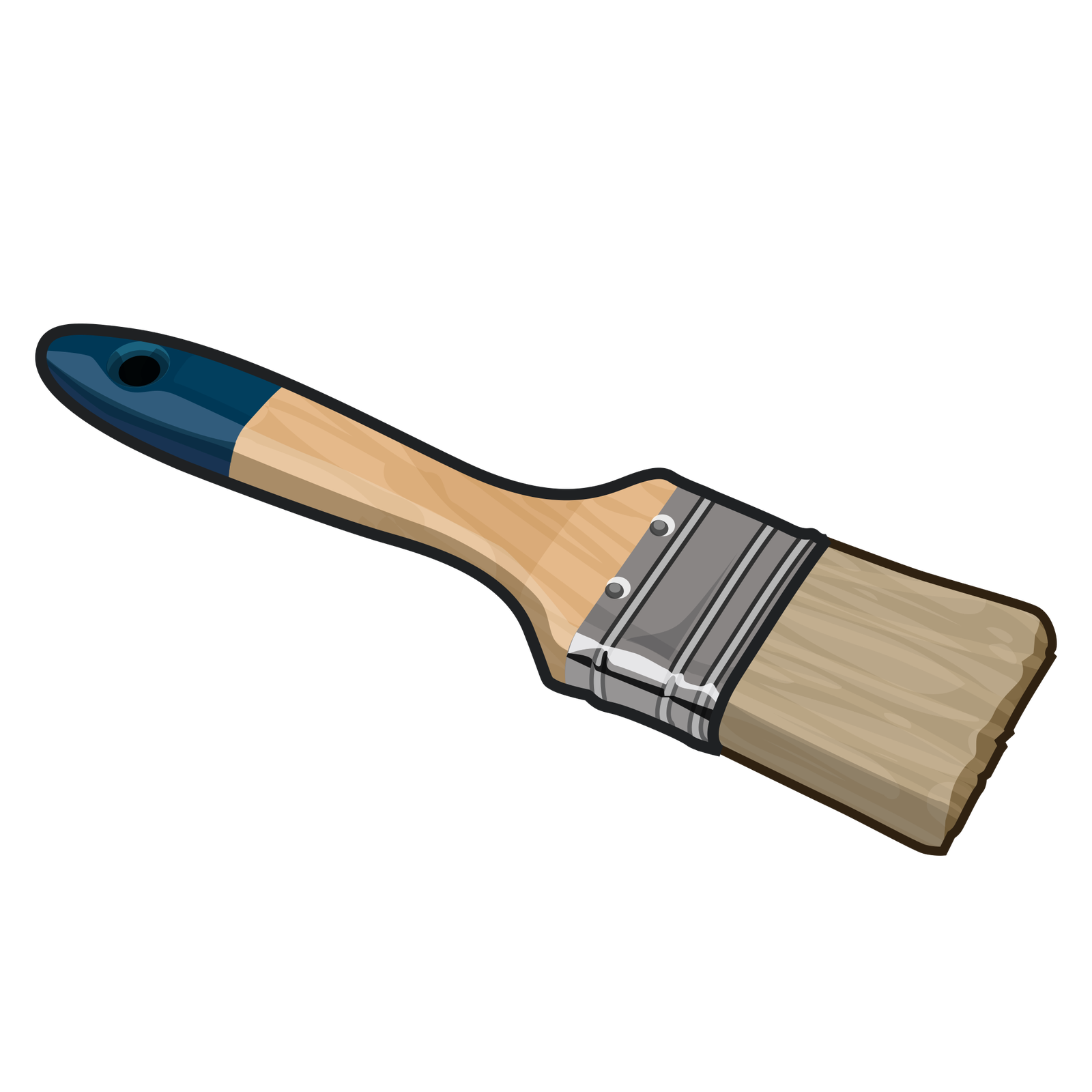 Ilustracja przedstawia pędzel. Ma on drewniany trzon o zwężonym, niebieskim zakończeniu z małą dziurką. Z drugiej strony znajduje się płaska część z włosia, zebrane metalową częścią