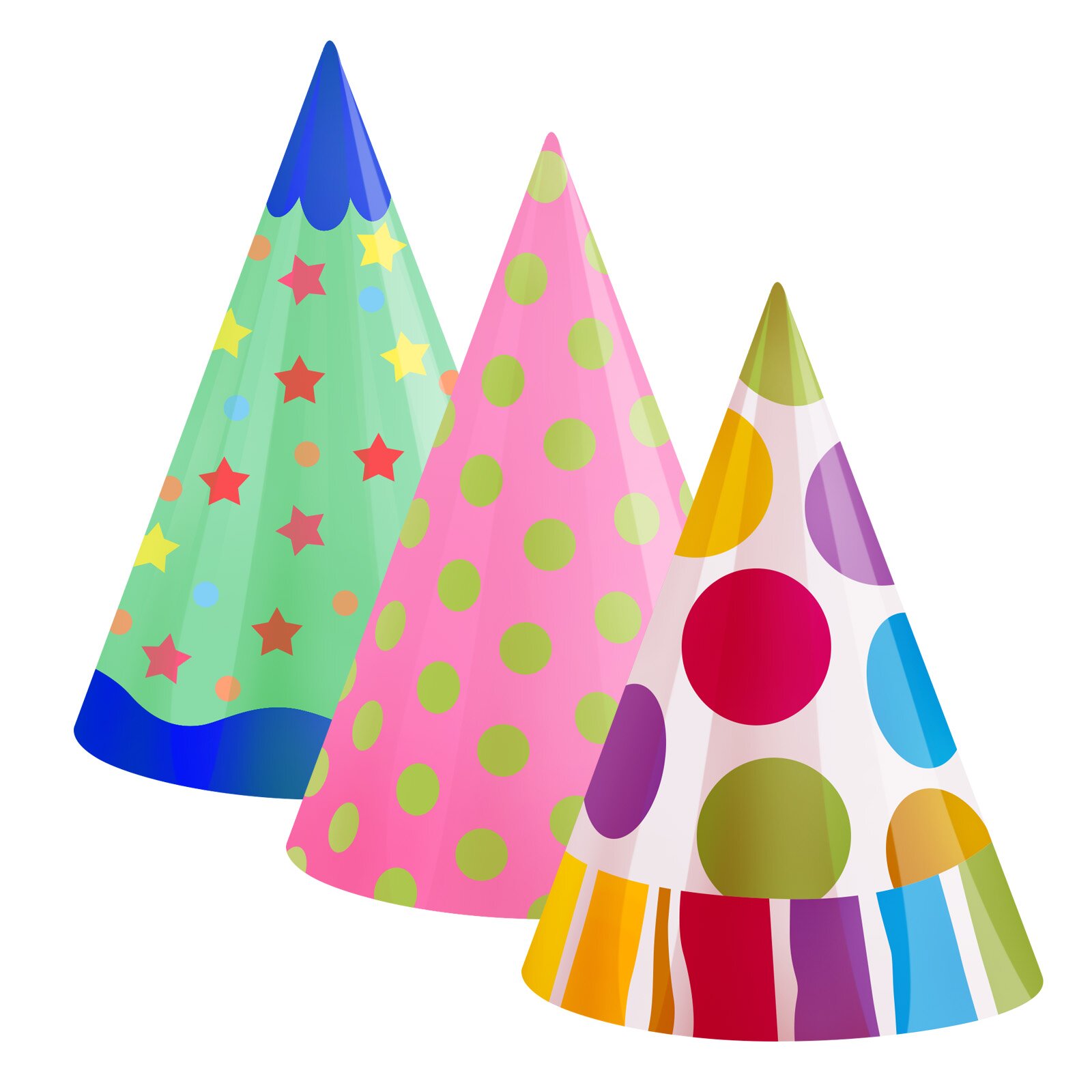 Ilustracja przedstawia kolorowe czapeczki urodzinowe.