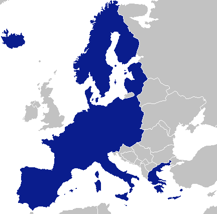 Grafika przedstawia mapę Europy z ozaznaczonymi krajami strefy Schengen. Kraje, które ostatnio weszły w skład strefy to: Bulgaria, Croatia, Cyprus and Romania, as well as the United Kingdom and Ireland.