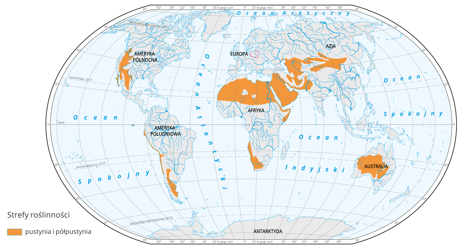 Mapa świata prezentuje występowanie pustyń i półpustyń na Ziemi, które oznaczono kolorem brązowym. Pustynnie i półpustynie występują w całej północnej Afryce oraz jej południowo‑zachodniej części. Na Bliskim Wschodzie, Ameryce Południowej, centralnej Australii oraz środkowej Azji.