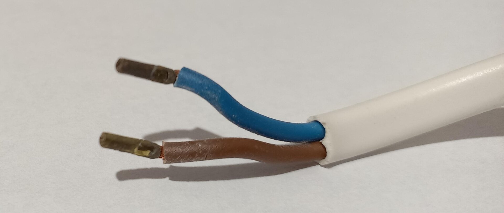 Rys. 4a. Zdjęcie przedstawia kabel dwużyłowy. Składa się on z zewnętrznej, gumowej otoczki w kolorze białym. Wewnątrz otoczki znajdują się dwa przewody miedziane. Jeden otoczony jest gumową izolacją w kolorze brązowym, drugi w kolorze niebieskim.