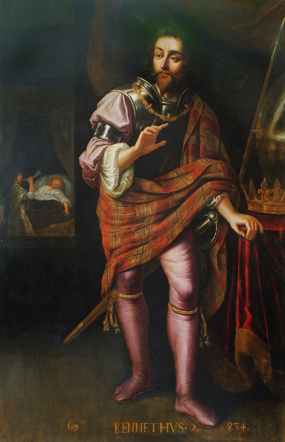 Obraz przedstawia skradającego się mężczyznę. Ma on długą przyciętą brodę, wąsa i długie włosy na których osadzoną ma koronę z gałązek oliwnych. Jest ubrany w srebrną zbroję, kolorowe szaty i różowe rajtuzy. DO pasa ma przypiętą szablę. Na stole przy, którym stoi leży słota korona. Na nim na ścianie znajduje się lustro, w którym odpija się nieprzytomny brodaty mężczyzna leżący w łóżku. Obok niego stoi postać, która gra na rogu sygnalizacyjnym. W pokoju panuje półmrok.