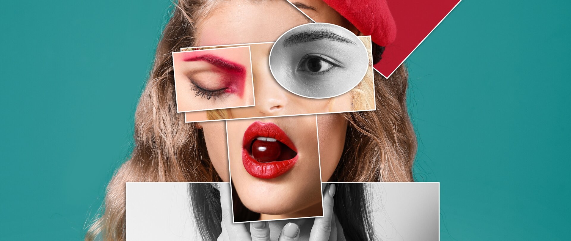 Ilustracja przedstawia fotokolaż, który składa się na portret młodej kobiety.  Twarz kobiety stworzona jest z siedmiu różnych elementów. Główne fotografia to portret kobiety o falowanych blond włosach na turkusowym tle. Twarz sfotografowanej osoby jest niewidoczna, a jej elementy zastąpione są innymi fotografiami. Widoczne są dwie fotografie oczu – jedno zamknięte, z bardzo wyraźnym makijażem, w którym różowy cień pokrywa skórę od wewnętrznego kącika aż do zakończenia brwi; a drugie nieumalowane, uchwycone na czarno‑białej fotografii. Nad oczami widać zdjęcie przedstawiające fragment brwi wraz z czerwonym beretem. Pod nimi, na środku kolażu są dwie fotografie – jedna przedstawiająca kobietę, która ma otwarte, pomalowane czerwoną szminką usta, a w zębach trzyma ciemnoczerwoną wiśnię, kontrastującą z jej białymi zębami; a druga ukazująca bladą cerę oraz wąski nos. Na dole widać drugą biało‑czarną fotografię, na której długowłosa kobieta trzyma dłońmi swoje policzki. 
