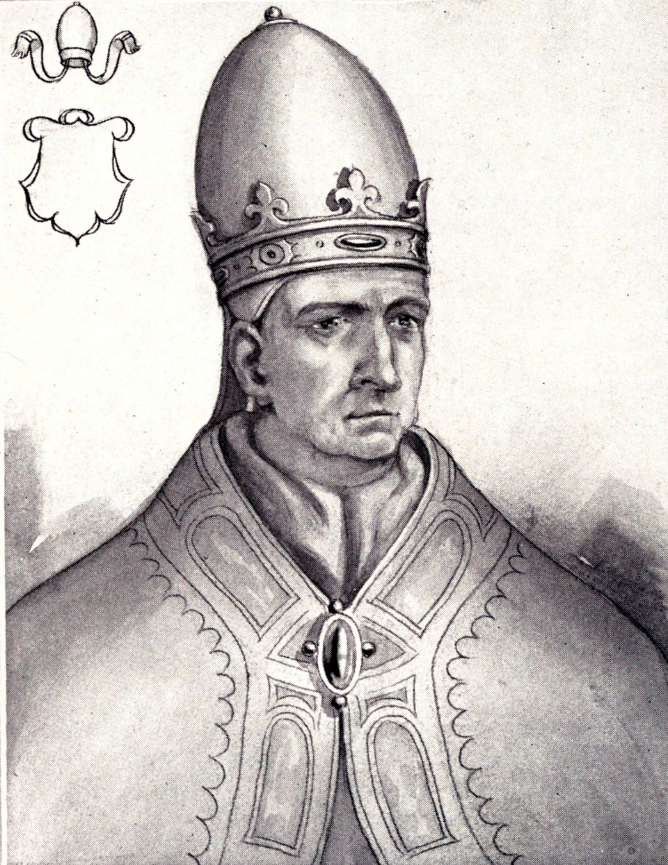 Ilustracja przedstawia portret papieża. Odziany w szatę ze zdobioną klamrą z kamieniem. Na głowie mitra czyli charakterystyczny dla papieży element ubioru. Obraz przedstawia Mikołaja II. 