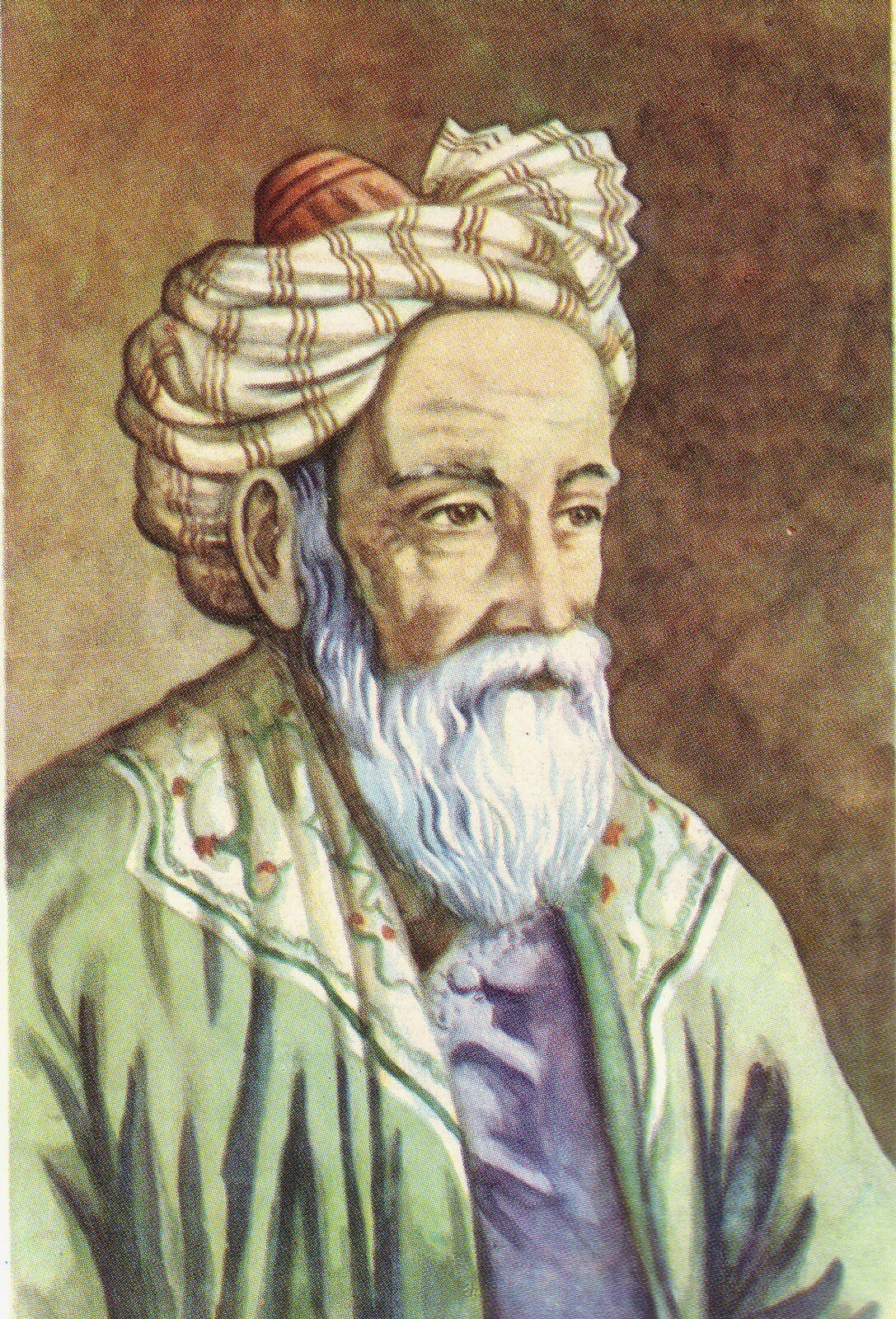 Ilustracja przedstawia starszego mężczyznę z siwą brodą. Mężczyzna ma na głowie turban w paski. Ma on wysokie czoło, podłużny nos i wystające uszy. Na czole i pod oczami ma wiele zmarszczek. Jego twarz jest długa i posępna. Ubrany jest w szatę zdobioną wzorami .