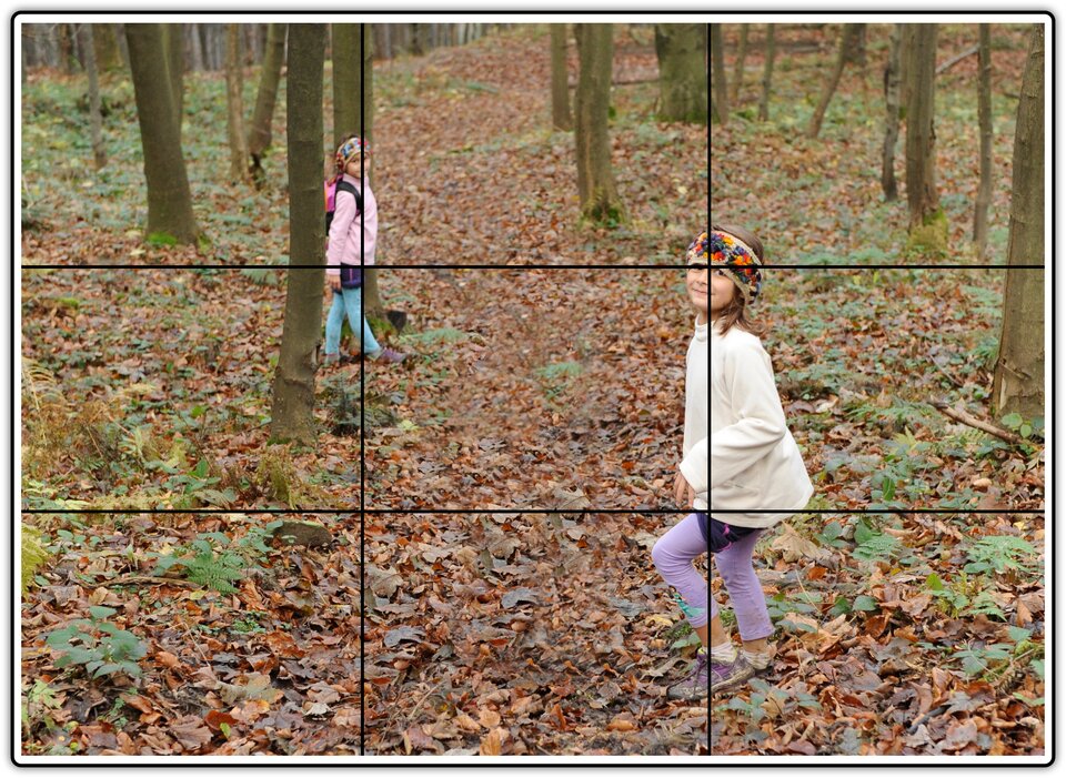 Fotografia przedstawiająca dzieci w lesie z pokazanym trójpodziałem kadru. Boki prostokąta zostały podzielone na trzy odcinki i połączone liniami. Miejsca przecięć wyznaczają mocne punkty obrazu, w których zostały umieszczone postacie dzieci.