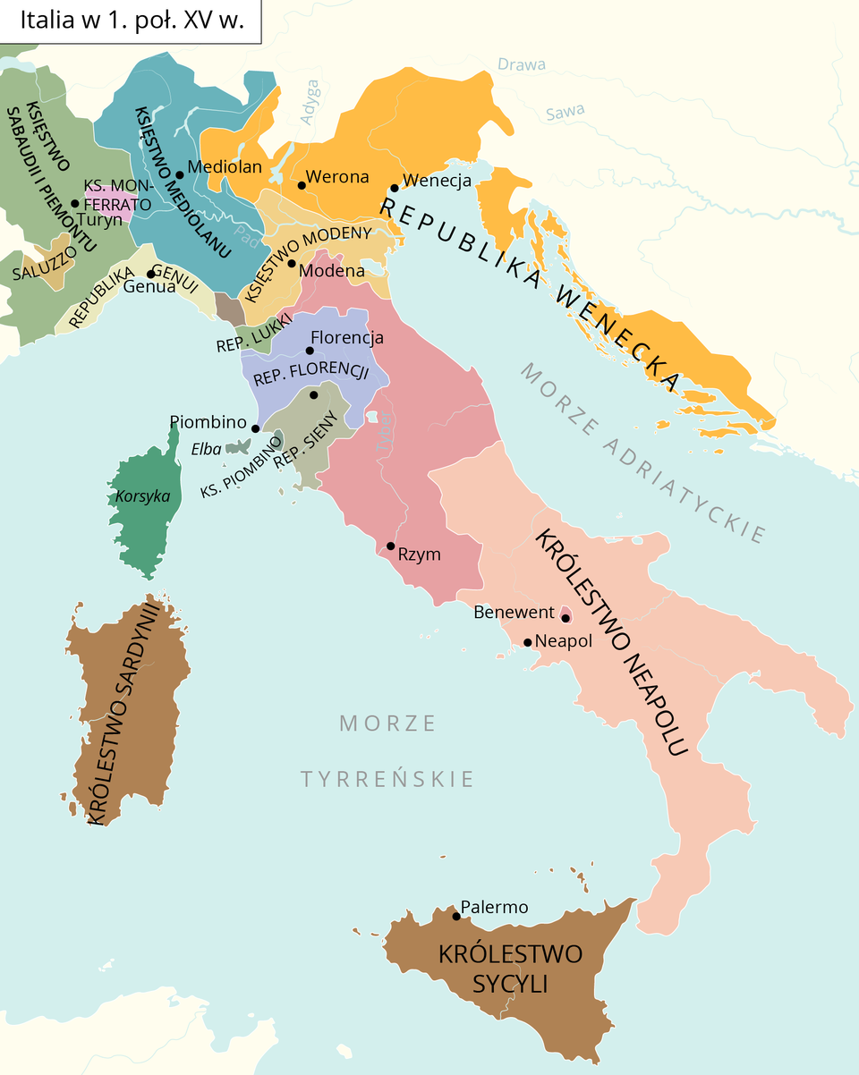 Mapa przedstawia Italię w pierwszej połowie piętnastego wieku.  Od północnego zachodu zaznaczony jest teren Księstwa Sabaudii i Piemontu, Saluzzo, Księstwo Mediolanu z miastem Mediolan i Republika Genui z miastem Genua. Na północy i północnym wschodzie wybrzeża Morza Adriatyckiego znajduje się Republika Wenecka z Weroną i Wenecją, poniżej, na północy Półwyspu Apenińskiego usytuowane jest Księstwo Modeny z miastem Modena, Republika Lukki, a na północno‑zachodnim wybrzeży Półwyspu Apenińskiego znajduje się Republika Florencji z miastem Florencja, Republika Sieny i niewielkie Księstwo Piombiono z należącą do niej wyspą Elba. Środkową część Półwyspu Apenińskiego obejmuje terytorium z miastem Rzym, a jego południową część Królestwo Neapolu z miastem Neapol. Na Morzu Tyrreńskim znajduje się również wyspa Korsyka, Królestwo Sardynii i Królestwo Sycylii z miastem Palermo. 
