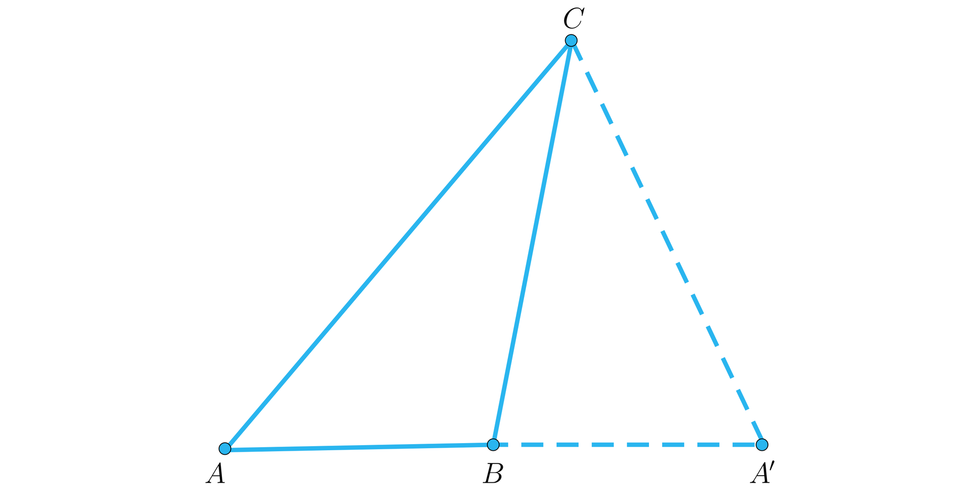 Na ilustracji przedstawiono trójkąt ABC, z kątem rozwartym przy wierzchołku B. Linią przerywaną przedłużono dwukrotnie podstawę AB trójkąta i zaznaczono punkt A z indeksem prim. Wierzchołek C połączono z wierzchołkiem A. Powstał trójkąt AA'C.