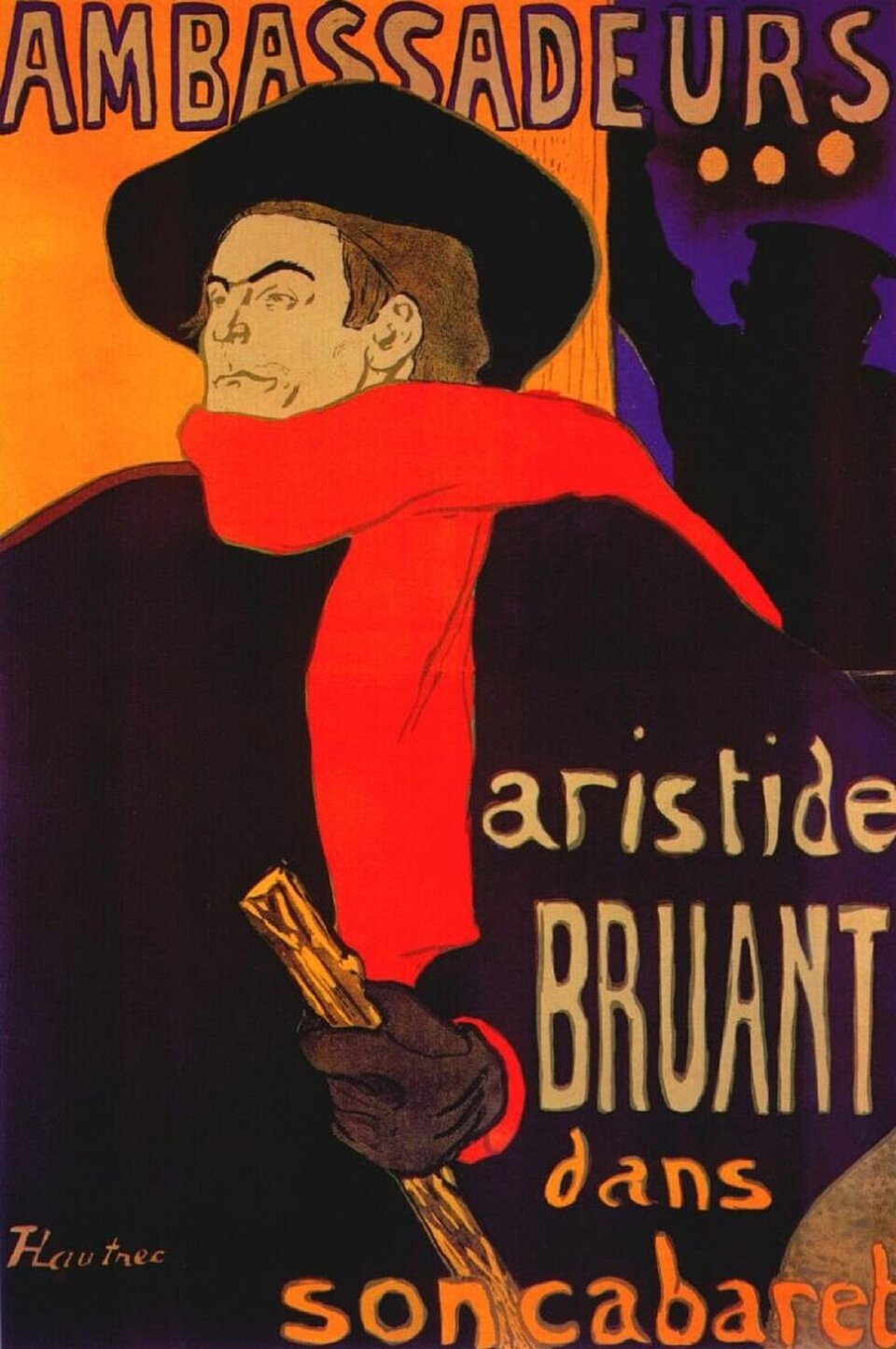 Ilustracja przedstawia plakat „Ambassadeurs: Aristide Bruant”  autorstwa Henri de Toulouse‑Lautreca. Plakat ukazuje mężczyznę w ciemnym płaszczu oraz kapeluszu. Na szyi postać ma zawinięty długi,czerwony szal. Inny plakat, wykonany w 1892 roku, przedstawia przyjaciela artysty, piosenkarza Aristide'a Bruanta, właściciel kabaretu Mirliton. Bruant zebrał niezwykłą popularność dzięki ciętemu humorowi i piosenkom opisującym życie niższych klasycznych przy użyciu ulicznego slangu. Jest on rozpoznawalnym dzięki charakterystycznemu strojowi: kapeluszowi, ciemnemu płaszczu i czerwonemu szalikowi niedbale zawiązanemu wokół szyi. 