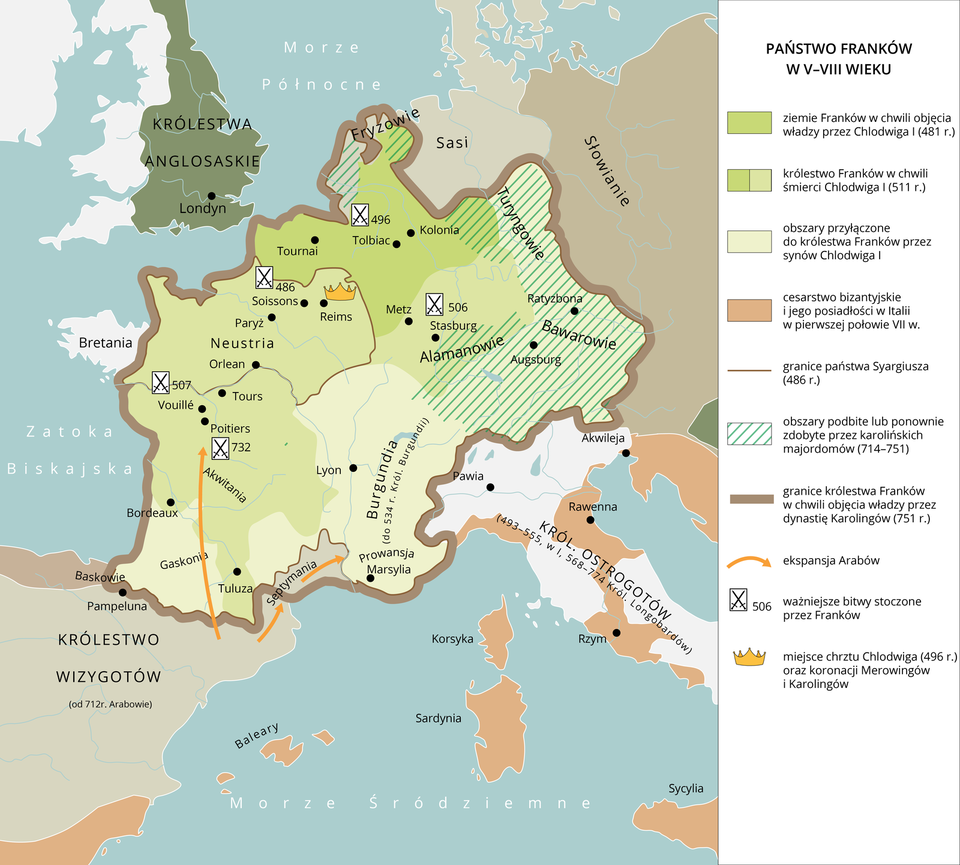 Ilustracja przedstawia mapę Europy na przełomie ósmego i jedenastego wieku. Oznaczono na niej kierunki najazdów wikingów. Najwięcej wypraw było na wschód na tereny obecnej Rosji. Z czasem kierunek zmienił się na zachód na tereny obecnej Wielkiej Brytanii i dalej wzdłuż linii brzegowej do Francji, Hiszpanii, Portugalii i przez Morze Śródziemne do Włoch. Tereny na północnym wschodzie kontynentu oraz część Wielkiej Brytanii, Francji i Włoch były zdobyte i zasiedlone przez najeźdźców.