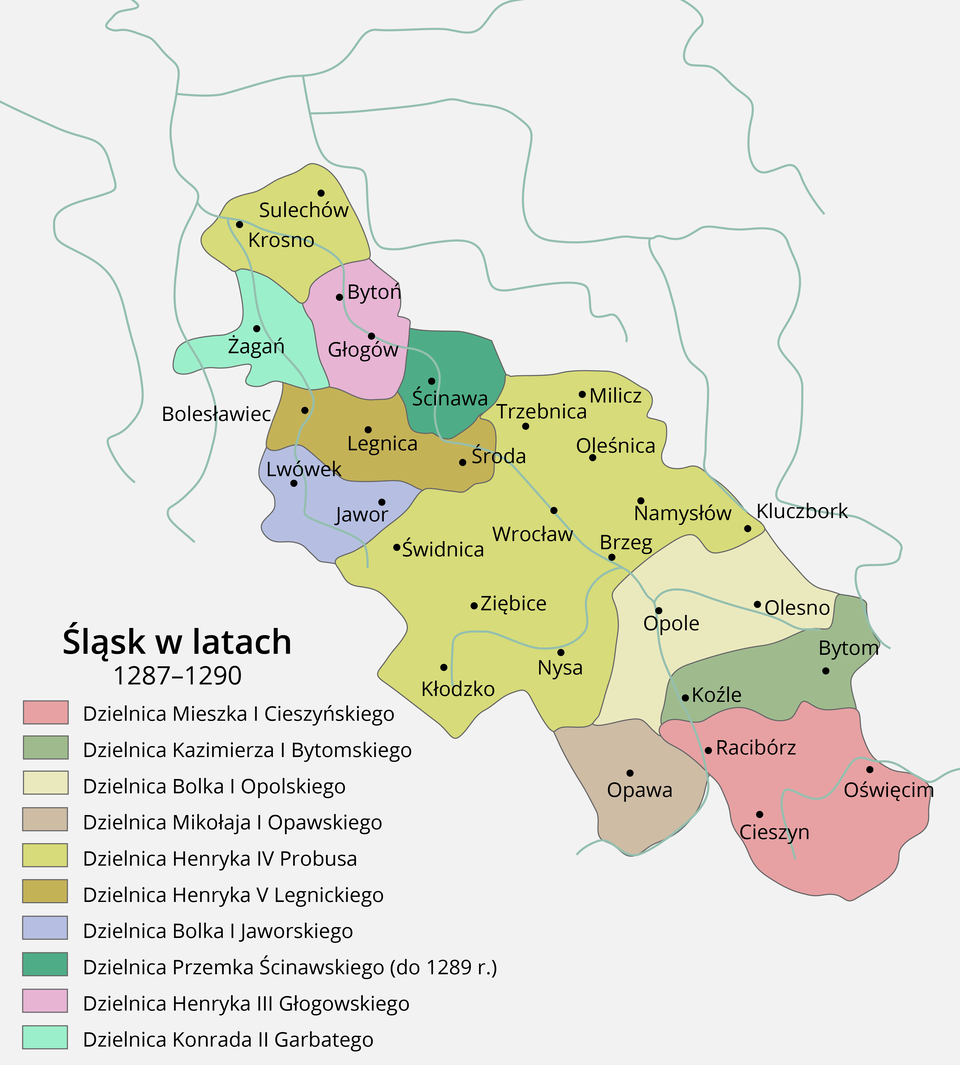 Mapa przedstawia Śląska dla tak 1287 – 1290. Śląsk był podzielimy na 10 dzielnic.   Dzielnica Mieszka Pierwszego Cieszyńskiego obejmowała tereny południowego Śląska z miastami Racibórz, Cieszyn, Oświęcim.   Dzielnica Kazimierza Pierwszego Bytomskiego obejmowała południowe tereny Śląska z miastami Bytom oraz Koźle.   Dzielnica Bolka Pierwszego Opolskiego obejmowała obejmowała południowe tereny Śląska Z miastami Opole oraz Olesno.   Dzielnica Mikołaja Pierwszego Opawskiego obejmowała południowy rejon Śląska z miastem Opawa.  Dzielnica Henryka Czwartego Probusa obejmowała centralne tereny Śląska Z miastami Kłodzko, Nysa, Ziębice, Świdnica, Wrocław, Brzeg, Namysłów, Kluczbork, Oleśnica, Trzebnica, Milicz oraz północny rejon Śląska z miastami Sulechów oraz Krosno.   Henryka Piątego Legnickiego obejmowała centralno‑zachodnią cześć Śląska z mostami Legnica, Bolesławiec i Środa.   Dzielnica Bolka Pierwszego Jaworskiego obejmowała tereny zachodnie Śląska Z miastami Lwówek oraz Jawor.   Dzielnica Przemka Ścinawskiego do 1289 roku obejmowała wschodnio‑północny rejon Śląska z miastem Ścinawa.   Dzielnica Henryka trzeciego głogowskiego obejmowała północny rejon Śląska z miastem Bytoń oraz Głogów.   Dzielnica Konrada drugiego garbatego obejmowała zachodni rejon Śląska z miastem Żagań. 