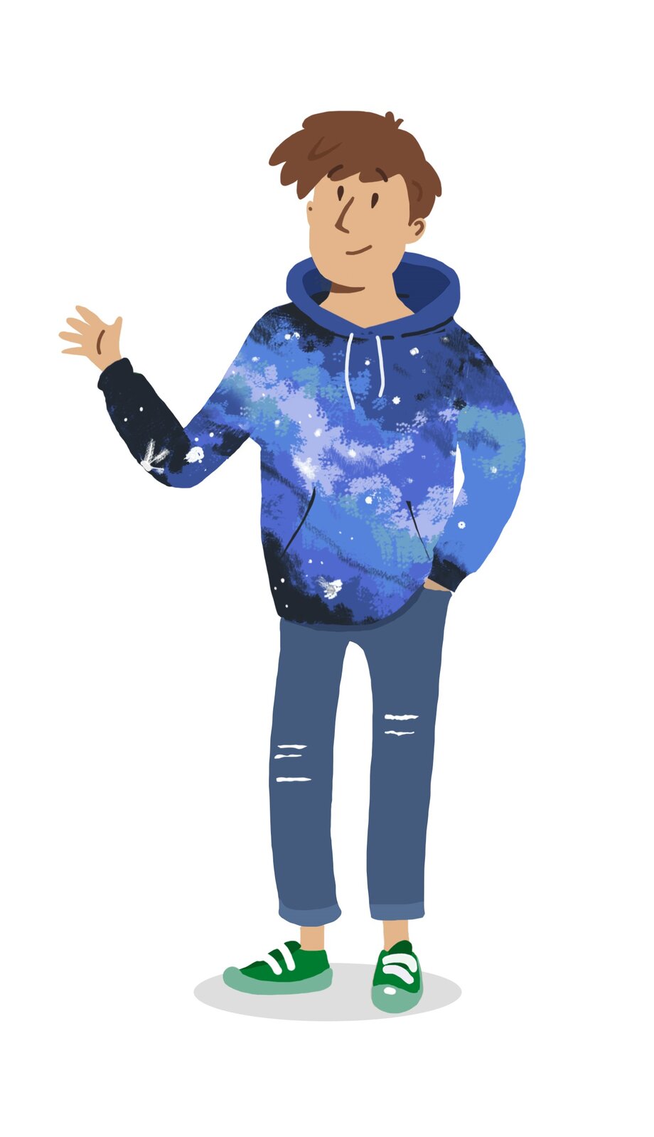 Grafika przedstawia chłopca ubranego w bluzę z kapturem, dresowe spodnie i zielone trampki. Unosi rękę w geście pozdrowienia. Treść dostępna w transkrypcji poniżej.