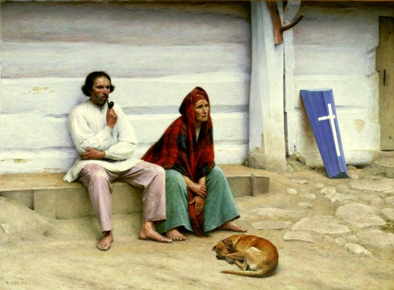 Obraz przedstawia parę chłopską siedząca przed chałupą. Mężczyzna ma czarne włosy i ciemny zarost. Jest ubrany w białą koszulę z długim rękawem, wypuszczoną na beżowe spodnie. Ma bose stopy. W ustach ma fajkę, którą trzyma prawą dłonią. Obok niego siedzi pochylona starsza kobieta. Na głowie ma chustę w czarno‑czerwoną kratę, która otula również jej ramiona. Jest ubrana w jasną bluzkę i zieloną spódnicę. Ma bose stopy. Jej twarz wyraża smutek. U stóp kobiety leży zwinięty w kulkę pies o biszkoptowej sierści. Na białej ścianie chałupy stoi niebieska, niewielka trumna z białym krzyżem. Na prawo od trumny jest wejście do chałupy, do którego prowadzi kamienista droga.