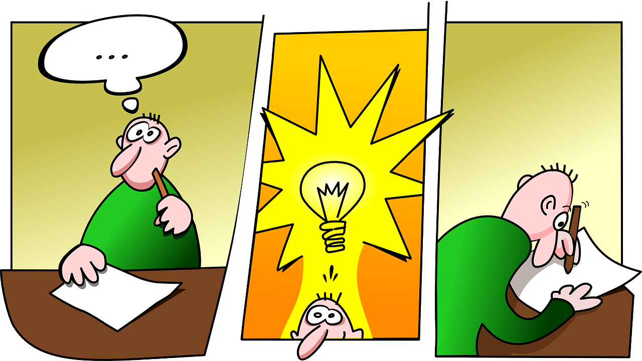 Ilustracja przedstawia kadr komiksowy, który składa się z trzech obrazków. Na 1. widoczny jest mężczyzna o długim nosie i wielkich oczach, ma na sobie zielone ubranie; siedzi przy stole; w lewej dłoni trzyma ołówek, którego jeden koniec dotyka policzka; prawą dłonią przytrzymuje leżącą na stole kartkę; nad jego głową widać chmurkę, w której są trzy kropki. 2. obrazek przedstawia głowę tego samego mężczyzny, ponad nim znajduje się świecąca żarówka, otoczona dymkiem w postaci gwiazdy. 3. obrazek ukazuje tego samego mężczyznę, który siedzi bokiem przy biurku i pisze na kartce.  