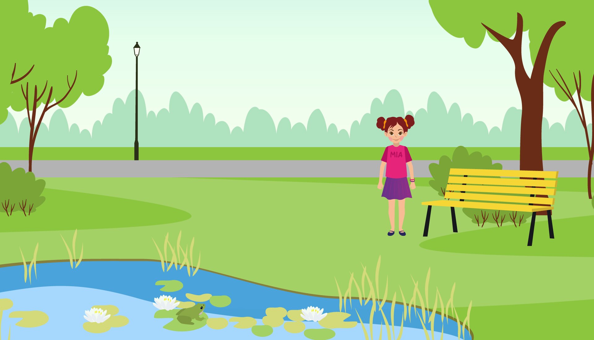 Ilustracja przedstawia dziewczynkę o imieniu  Mia , stojącą w parku obok ławki, która znajduje się nad stawem. W stawie widać żabę.