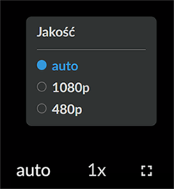 Zdjęcie przedstawia ikonę oraz panel zmiany jakości filmu. Ikona to biały napis auto. Po kliknięciu na nią wyświetla się powyżej panel zatytułowany jakość. Na zdjęciu widać trzy opcje do wyboru: auto, tysiąc osiemdziesiąt pikseli oraz czterysta osiemdziesiąt pikseli. Obok ikony auto widać dwie inne ikony, czyli 1x oraz kwadrat włączania trybu pełnoekranowego.