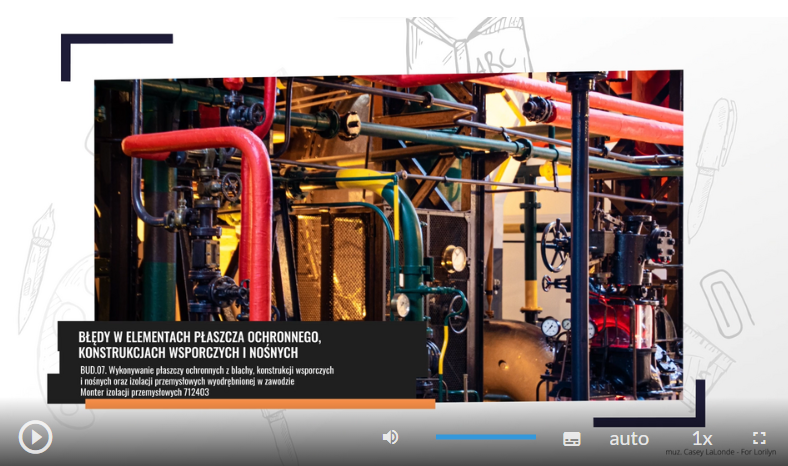 Zdjęcie przedstawia przykładowy ekran początkowy animacji. Widać na nim przykładowy tytuł. W dolnej części znajdują się przyciski. Są one opisane pod zdjęciem, w dalszej części instrukcji.