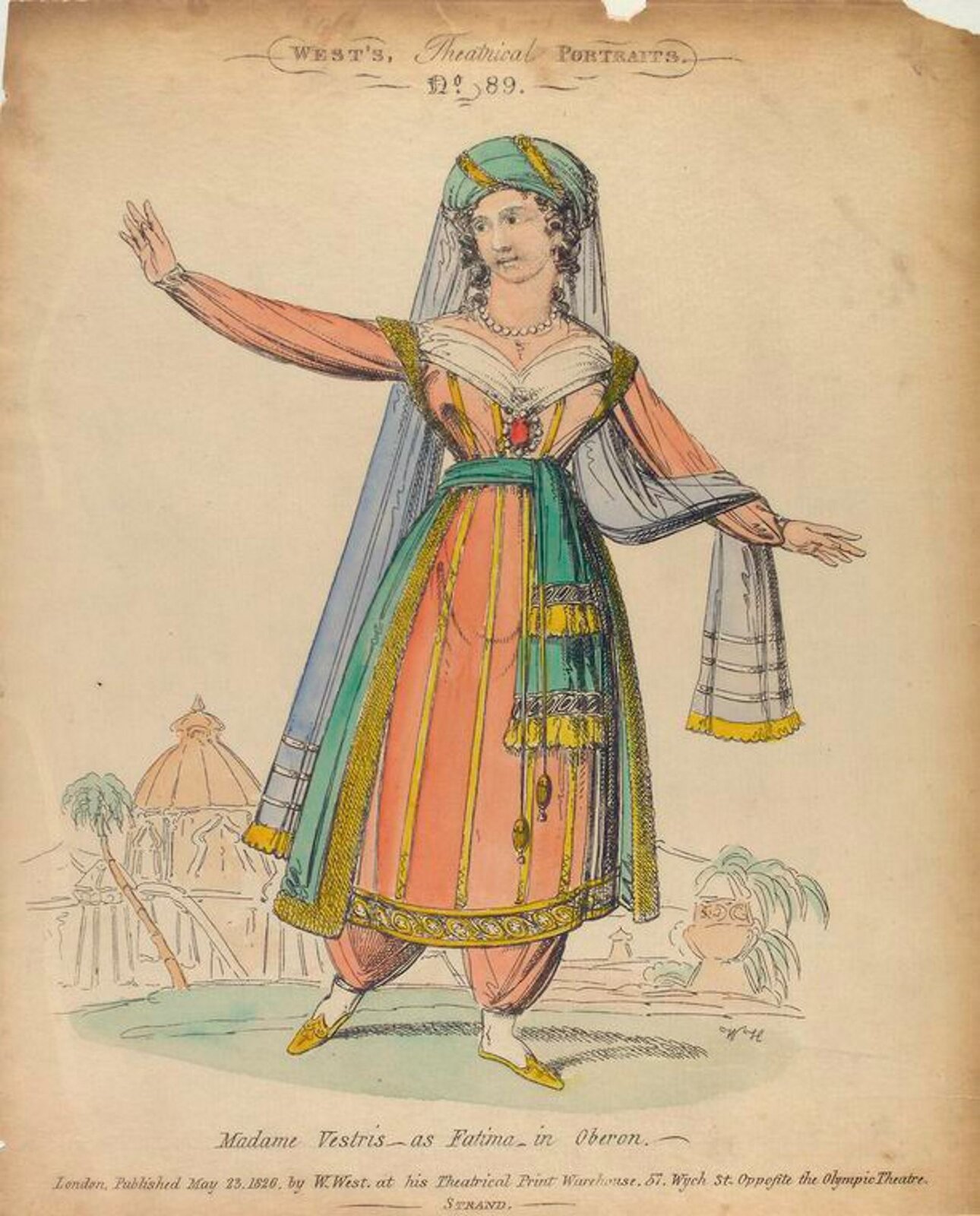Ilustracja przedstawia: Lucia Elisabeth Vestris jako Fatima w „Oberonie” Carla Marii von Webera. Kobieta w kolorowym stroju zgodnym z epoką, na głowie ma zawinięty turban. Kobieta jest uśmiechnięta, tańczy, ręce uniesione ma ku górze.