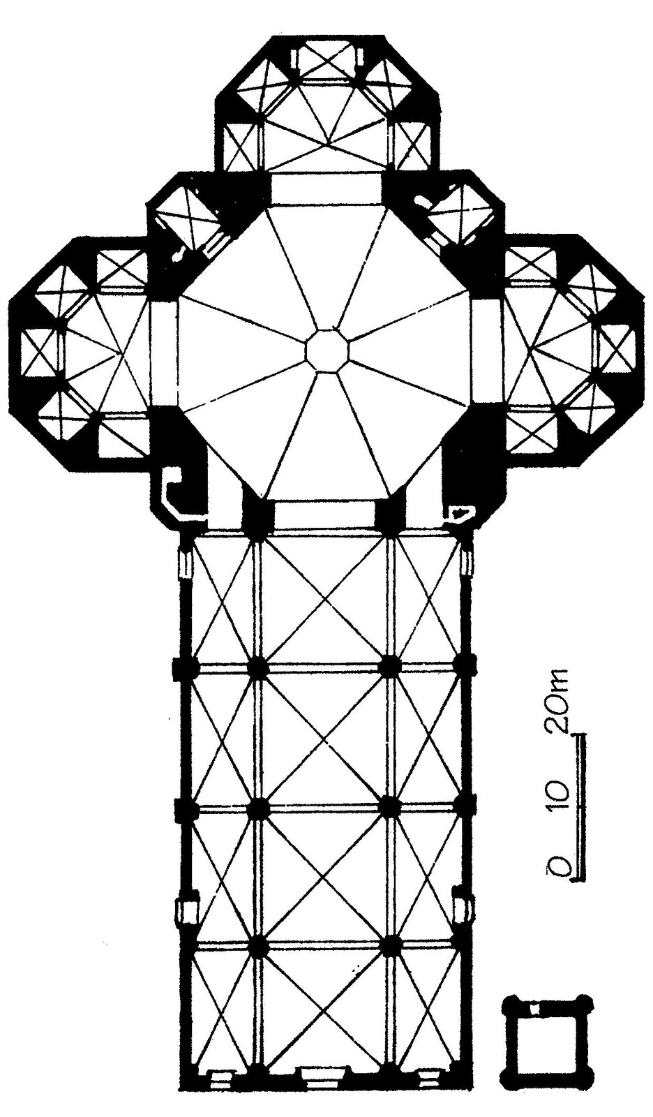 Ilustracja o kształcie pionowego prostokąta przedstawia schemat planu katedry Santa Maria del Fiore we Florencji. Obrysowany jest ciemnym konturem na białym tle. Posiada kształt krzyża łacińskiego, trzy nawy. Transept utworzony jest przez apsydy dostawione po bokach do ośmiokątnego prezbiterium. Apsyda także zamyka prezbiterium od strony wschodniej.  Nawy posiadają krzyżowo‑żebrowe sklepienia. 