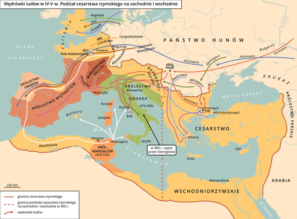 Ilustracja przedstawia mapę Europę oraz fragment Bliskiego Wschodu i północnej Afryki. Oznaczono na niej kraje: w północno‑wschodniej Europie Państwo Hunów, w basenie morza Cesarstwo Wschodniorzymskie, które obejmowało bliski wschód i część północnej Afryki, Królestwo Wandalów w dalszej części północnej Afryki, w Europie południowej i zachodniej, Królestwo Swebów i Wizygotów, Burgundowie, Ostrogoci i Państwo Franków oraz Królestwo Odoakra. Na mapie zaznaczono też trasy wędrówki ludów, które prowadziły głównie ze wschodu na zachód oraz południe Europy.