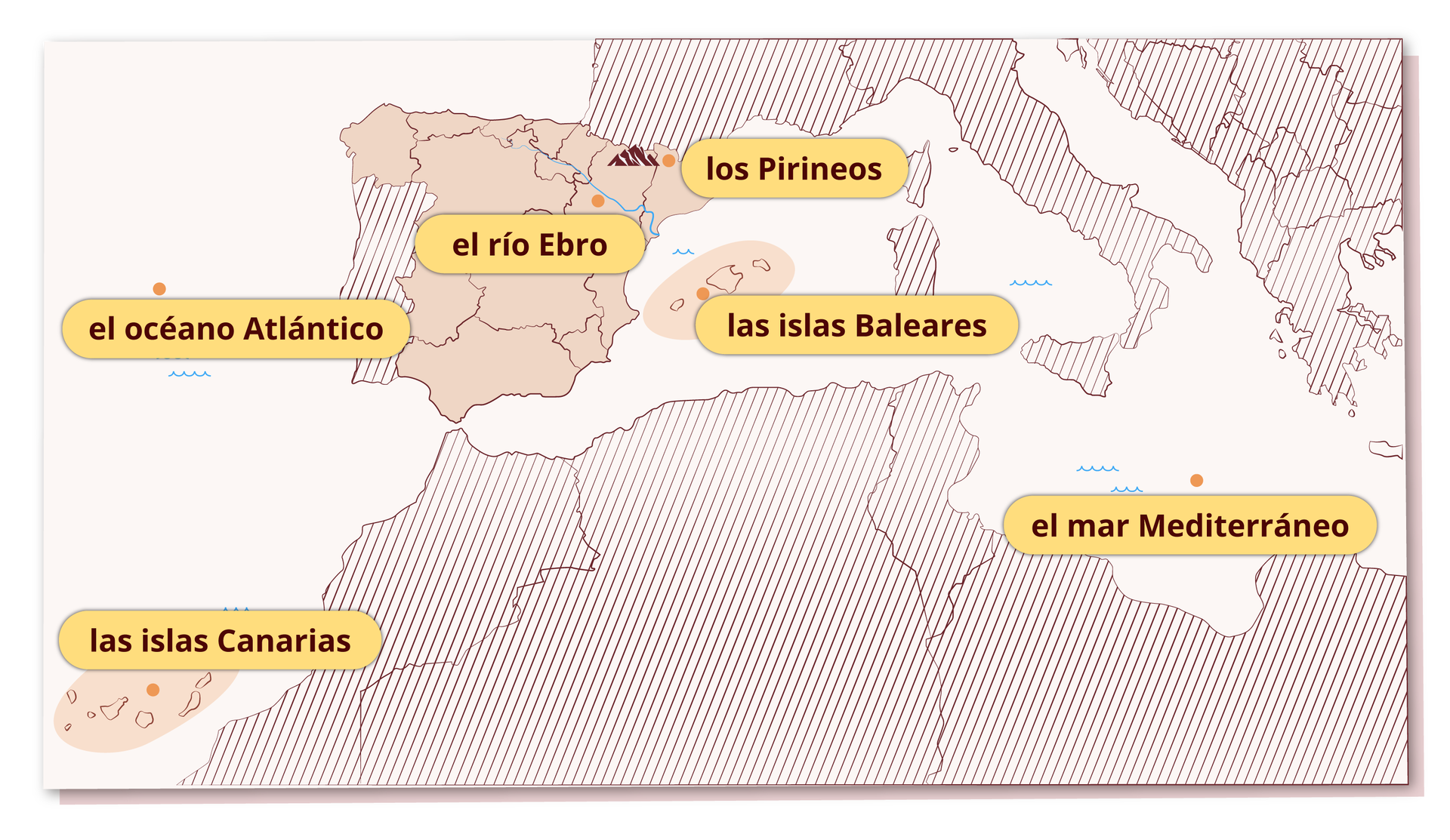 Ilustracja przedstawia mapę, na której zaznaczone są: las islas Canarias, el océano Atlántico, el río Ebro, los Pirineos, las islas Baleares, el mar Mediterráneo.