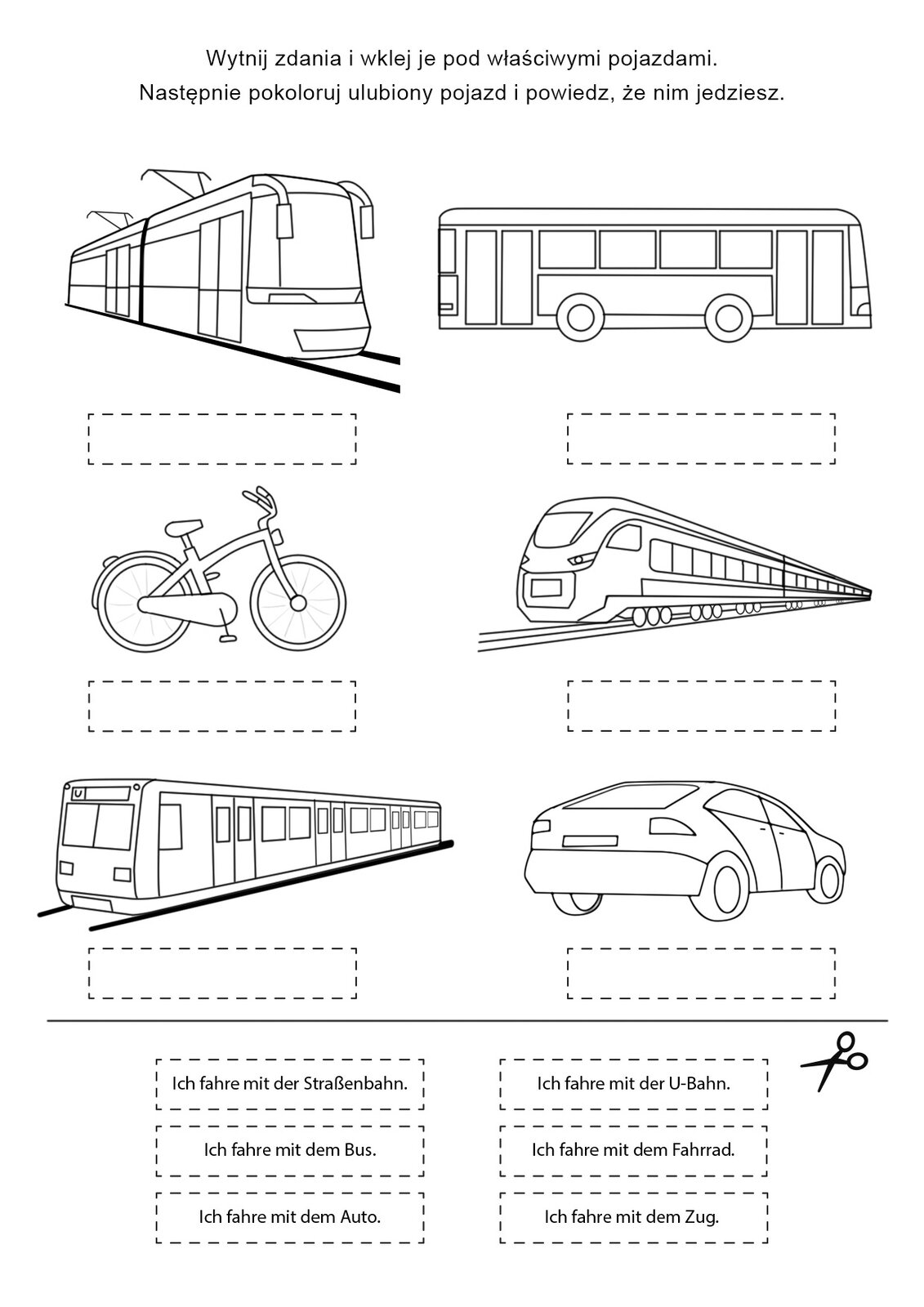 Ilustracja przedstawia wycinanki z obrazkami przedstawiającymi tramwaj, autobus, rower, pociąg, auto i wagon metra.