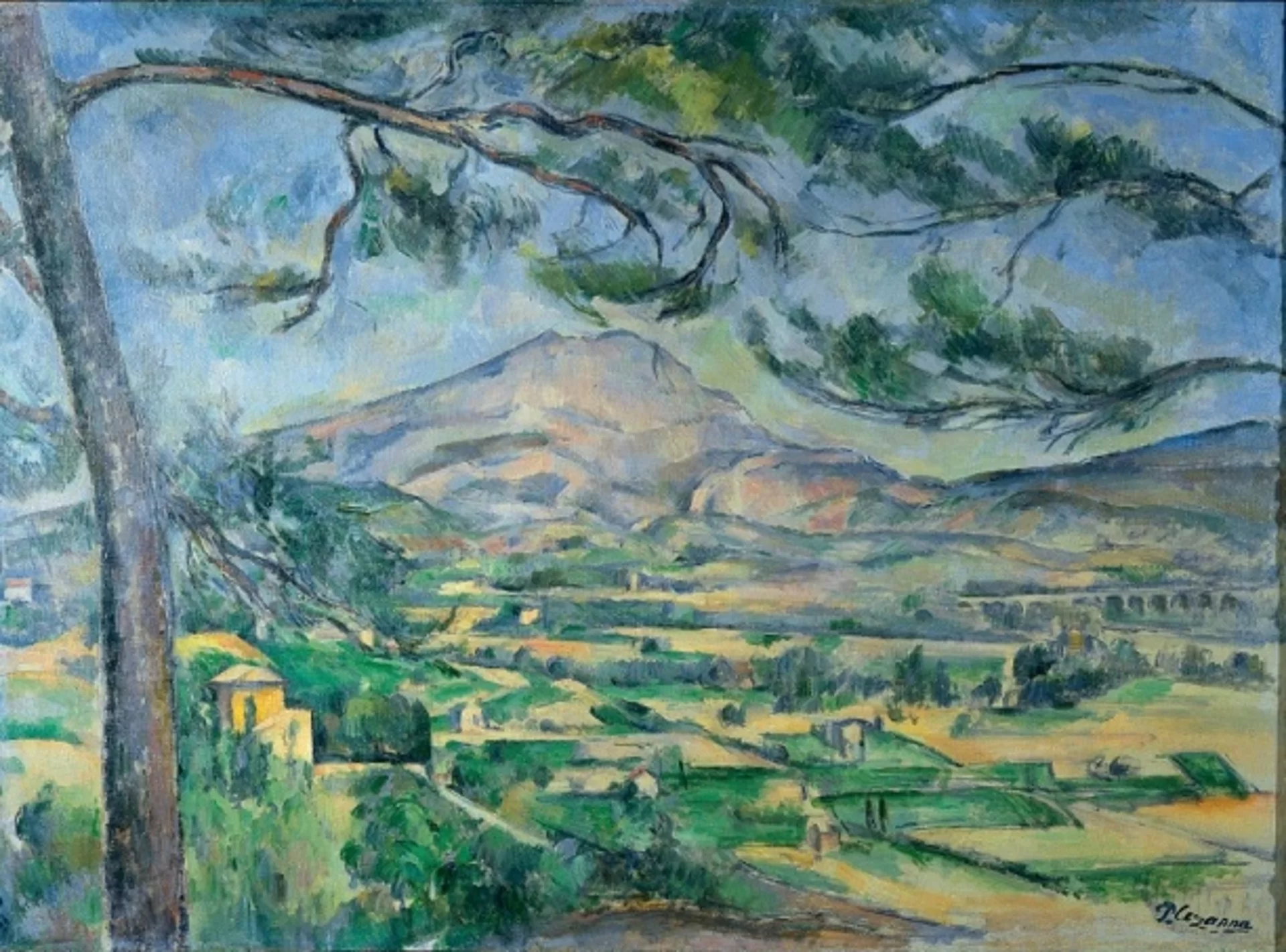 Ilustracja przedstawia obraz olejny „Góra Świętej Wiktorii”, autorstwa Paula Cézannea. Artysta, przy pomocy szerokich pociągnięć pędzla namalował pejzaż z wysmukłą sosną na pierwszym planie oraz sylwetką błękitno‑różowej góry otoczonej zielono‑żółtymi polami oraz małymi domkami w tle. Kompozycja utrzymana jest w chłodnej gamie barw. Malarz różnicuje plamę barwną. Znajdujące się z lewej strony drzewo namalowane zostało drobnymi pociągnięciami pędzla. Im dalej w głąb obrazu, tym użyta plama jest szersza a forma przedstawionych elementów krajobrazu bardziej syntetyczna. Artysta nie skupia się na wiernym odzwierciedleniu natury. Nie dba o detal. Płótno ma charakter notatki, gdzie twórca przy pomocy czystych kolorów i szybkich pociągnięć pędzla chce oddać swoje emocje w stosunku do zastanego pejzażu.