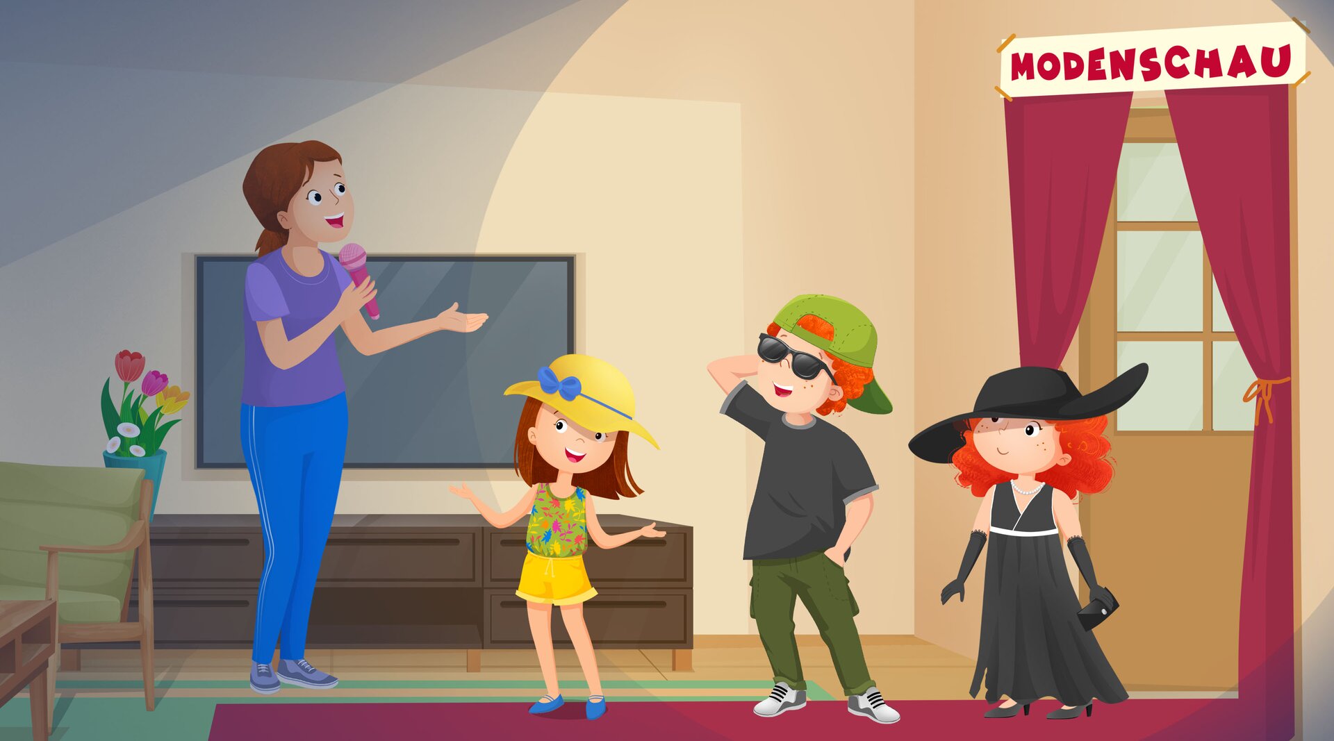 Ilustracja przedstawia domowy pokaz mody.