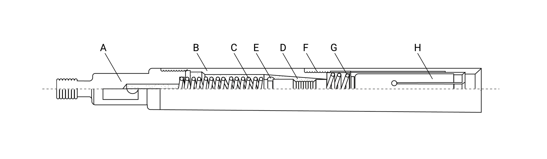 Na zdjęciu przedstawiony jest schemat korony żerdzi pompowych. Ilustracja przedstawia rurkę zwężoną z lewej strony. Ilustracja przedstawia pół przekrój. Lewy koniec rurki składa się z prostokąta z wyciętymi rowkami na połączenie gwintowe. Następnie się rozszerza. Rozszerzona część oznaczona jest literą A i jest to górna część korony z łącznikiem. Element ten jest w środku pusty, a na ściance ma mały okrągły otwór. Następna część jest znowu rozszerzona. Na małym wałku znajdującym się w samym środku nawinięta jest sprężyna klinów zaciskowych oznaczona literą C. Sprężyna z prawej strony zakończona jest pierścieniem sprężynującym oznaczonym literą E. Przestrzeń nad sprężyną oznaczona jest literą B i jest to osłona górna korony lub też inaczej klinów. Sprężyna oraz pierścień znajdują się w środku elementu oznaczonego literą D. Są to kliny do żerdzi. Element ten jest przedstawiony jako zwężający się w prawą stronę prostokąt. Następnym elementem jest sprężyna dociskowa tuty. Jest ona oznaczona literą G. Nad sprężyną znajdują się małe rowki oznaczone literą F. Jest to osłona dolna korony lub też inaczej tuty ślizgowej. Element w kształcie prostokąta na prawo od sprężyny to tuta ślizgowa z zatrzaskiem oznaczona literą H. Przez jej środek przechodzi wąska linia zakończona w środku prostokąta okręgiem.  