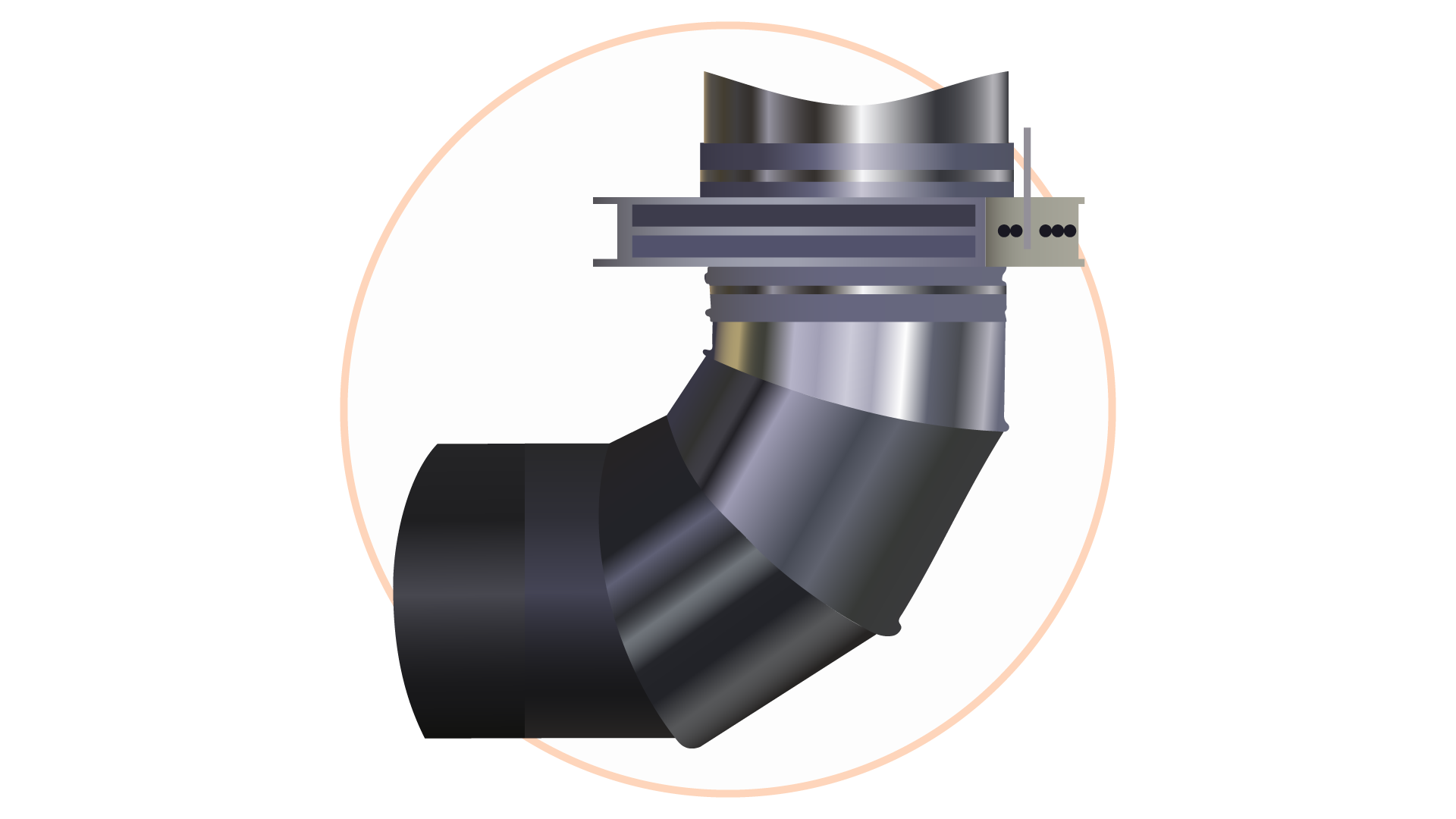 Grafika przedstawia poprawnie wykonaną izolację zimnochronną rurociągu z obudową z blachy. Grafika zawiera fragment rurociągu, który zmienia kierunek z poziomego na pionowy. Łączenie rur jest odpowiednio zabezpieczone. 
