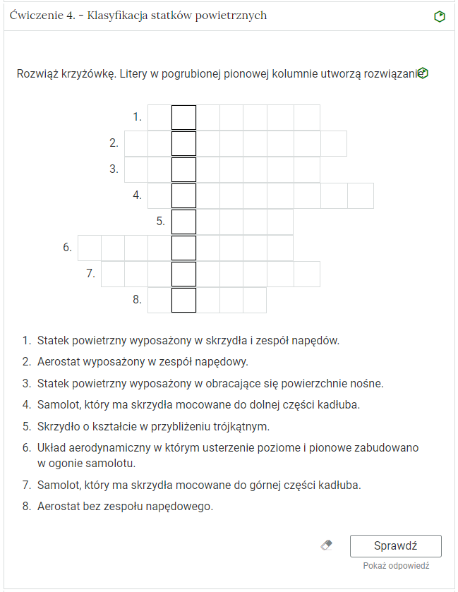 Widok na przykładowe ćwiczenie, które polega na rozwiązaniu krzyżówki