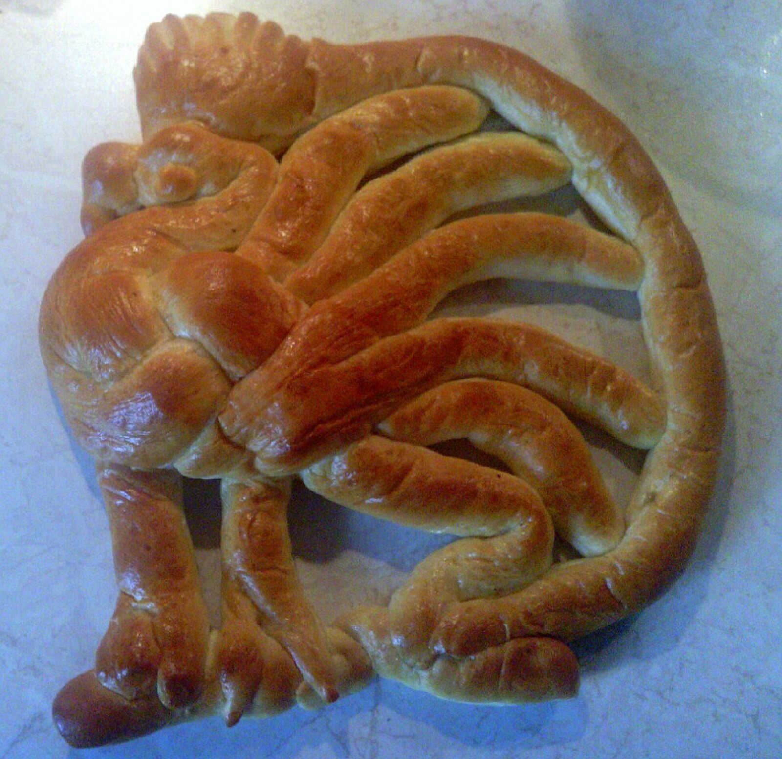 Fotografia prezentuje tradycyjny wypiek ludowy. Ciasto drożdżowe kształtem przypomina koguta. 