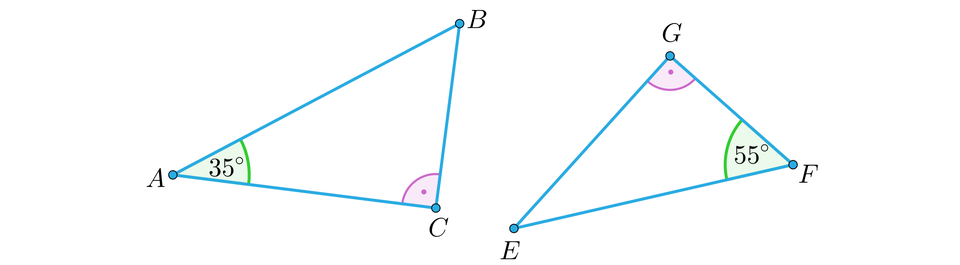 Ilustracja przedstawia dwa trójkąty prostokątne. Pierwszy  A B C przy wierzchołku A ma kąt wynoszący 35 stopni. Drugi E F G przy wierzchołku  F ma kąt wynoszący 55 stopni. 