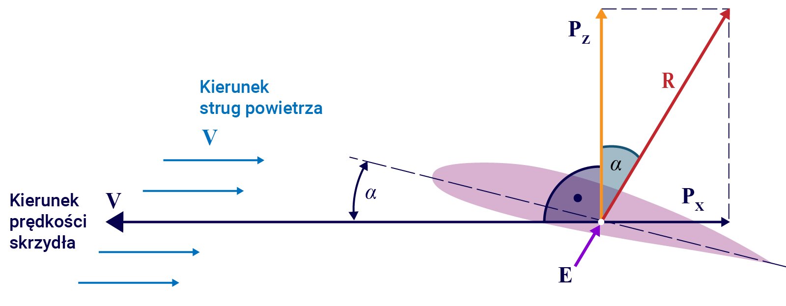 Ilustracja przedstawia przekrój poprzeczny skrzydła ustawionego pod kątem alfa do poziomego wektora prędkości skrzydła, który ma zwrot w lewo. Przekrój skrzydła ma kształt wydłużonego migdału z zaokrągloną przednią krawędzią skierowaną w lewo i z ostrą tylną skierowaną w prawo na rysunku. Narysowano cięciwę i oznaczono kąt natarcia alfa. Zaznaczono kierunek strug powietrza za pomocą poziomych wektorów o zwrocie w prawo, czyli przeciwnym do kierunku ruchu. Zaznaczono wektor prędkości skrzydła. Jest on poziomy i ma zwrot w lewo. Na cięciwie zaznaczono punkt E i zaczepiono w nim wektor prędkości skrzydła. W punkcie E zaczepiono również pionowy wektor P z o zwrocie w górę i poziomy wektor P x o zwrocie w prawo. Z pomocą metody równoległoboku wyznaczono wektor wypadkowy sił Px oraz P z. Jest to ukośny wektor R będący przekątną prostokąta o bokach P x (krótszy) i P z (dłuższy). Wektor R jest ukośny i ma zwrot w prawo w górę. Między wektorami R oraz pionowym P z zaznaczono kąt alfa, który jest równy mierze kąta natarcia. 