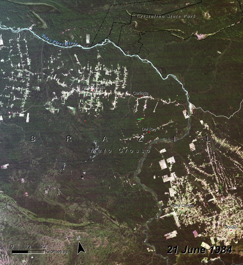 Zdjęcie przedstawia Mato Grosso, obszar Brazylii na zdjęciu satelitarnym z 1984 r. Ciemnozielony kolor wypełniający większość obrazka to roślinność pokrywającą powierzchnię obszaru. Jest poprzecinana siecią dróg, które w niektórych miejscach otaczają w skupiskach białe prostokąty będące budynkami zamieszkiwanymi przez ludzi. Budynków jest stosunkowo niewiele. 