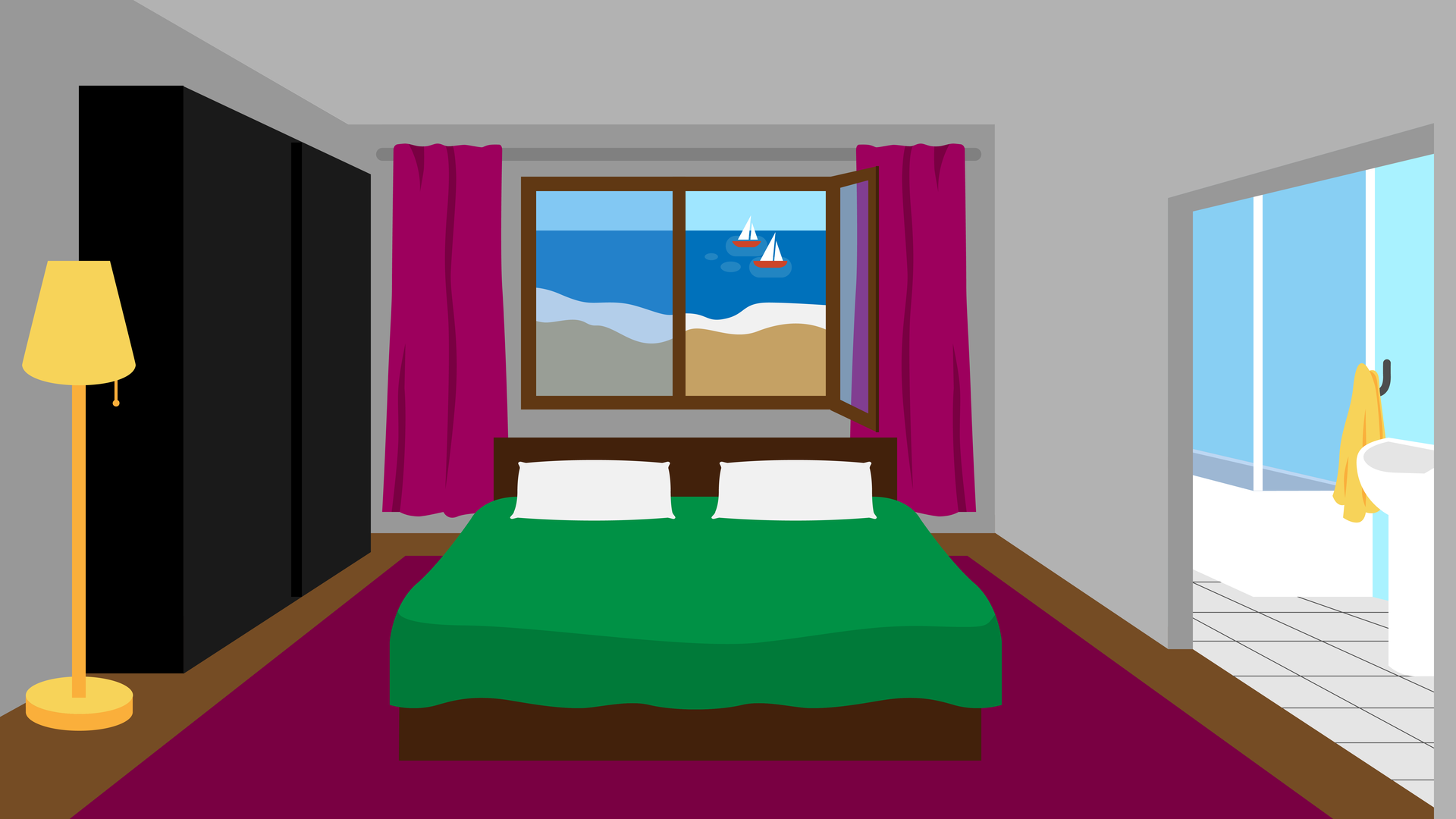 Grafika przedstawia wygląd pokoju hotelowego. Po lewej stronie na pierwszym planie stoi lampa, a za nią szafa. Na środku pokoju stoi duże łóżko z dwiema poduszkami. Za łóżkiem znajduje się okno, przez które widać plażę i morze. Po prawej stronie znajduje się łazienka.