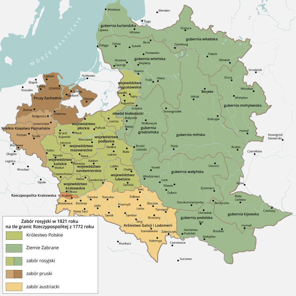 Mapa przedstawia ziemie zaboru rosyjskiego w 1821 roku na tle granic Rzeczypospolitej z 1772 roku. Pod zaborem rosyjskim znajdowało się Królestwo Polskie i Ziemie Zabrane. Królestwo Polskie zajmowało obszar województwa kaliskiego z miastami Sieradz, Kalisz, Wieluń, Piotrków i Częstochowa, województwo mazowieckie z miastami Warszawa, Łęczyca, Brześć Kujawski, Rawa, województwo sandomierskie z miastami Radom, Sandomierz, województwo krakowskie z miastami Kielce i Olkusz, województwo lubelskie z miastami Zamość, Lublin, Chełm, województwo podlaskie z miastami Łuków, Siedlce, Biała, województwo płockie z miastami Płock, Pułtusk, województwo augustowskie z miastami Augustów, Łomża, Sejny, Suwałki. Ziemie Zabrane, które także wchodziły w skład Królestwa Polskiego obejmowały: obwód białostocki z miastami Białystok, Bielsk, gubernię grodzieńską z miastami Brześć Litewski i Wołkowysk, gubernie wołyńską z miastami Kowel, Włodzimierz, Łuck, Równe, Dubno, Starokonstantynów, Żytomierz, Owrucz, gubernie mińską z miastami Pińsk, Nowogródek, Mińsk, Borysów, Bobrujsk, Brahin, gubernie podolską z miastami Chmielnik, Kamieniec Podolski, Mohylów, Bracław, gubernie kijowską z miastami Humań, Czerkasy, Berdyczów, Biała Cerkiew, gubernie mińską z miastami Pińsk, Brahm, Bobrujsk, Nowogródek, Mińsk, Borysów, gubernie mohylewską z miastami Homel, Mohylew, Mścisław, Orsza, gubernie wileńską z miastami Troki, Wilno, Kowno, Kiejdany, Taurogi, Poniewież, Szawle, Birże, Rosienie, Telsze, Połąga, gubernie kurlandzką z miastami Lipawa, Mitawa i Windawa, gubernie witebską z miastami Dyneburg, Rzeżyca, Połock, Witebsk. Zabór pruski obejmował Prusy Zachodnie z Gdańskiem, Malborkiem, Elblągiem, Olsztynem, Chełmnem, Lęborkiem, Bytowem, Złotowem. Wielkie Księstwo Poznańskie z miastami Poznań, Bydgoszcz, Inowrocław, Środa, Wschowa oraz Rzeczpospolita Krakowska. Zabór Galicji zajmował Królestwo Galicji i Lodomerii z miastami Wadowice, Bochnia, Tarnów, Rzeszów, Jasło, Nowy Sącz, Sanik, Przemyśl, Żółkiew, Bełz, Lwów, Złoczów, Tarnopol, Sambor, Brzeżany, Stryj, Stanisławów, Zaleszczyki i Kołomyja. 