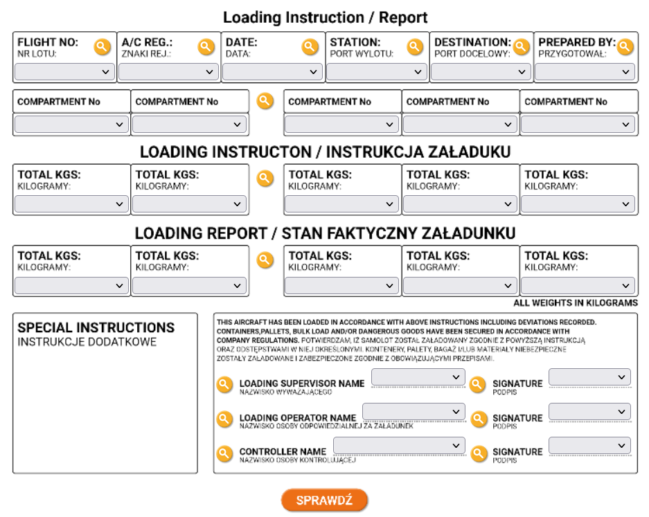 Zrzut ekranu przedstawia przykład dokumentu interaktywnego. Na dokumencie znajdują się pola posiadające rozwijane listy. Obok list znajdują się przyciski pokazujące podpowiedzi. Pod dokumentem jest przycisk "Sprawdź", który służy do sprawdzenia poprawności wypełnienia dokumentu.