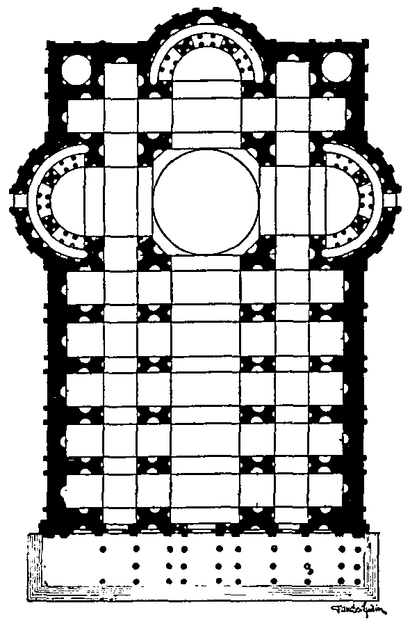 Czarno‑biała ilustracja architektoniczna przedstawiająca symetryczny, geometryczny układ przypominający rzut budowli renesansowej. Kompozycja oparta jest na siatce prostokątów i kwadratów, z dużym centralnym okręgiem pośrodku oraz półkolistymi elementami po bokach i u góry. Całość ma wyraźnie zaznaczone, grube kontury i dekoracyjne detale wzdłuż krawędzi, a u dołu widoczna jest podstawa z zaznaczonymi punktami. Styl rysunku sugeruje techniczny szkic lub plan architektoniczny.