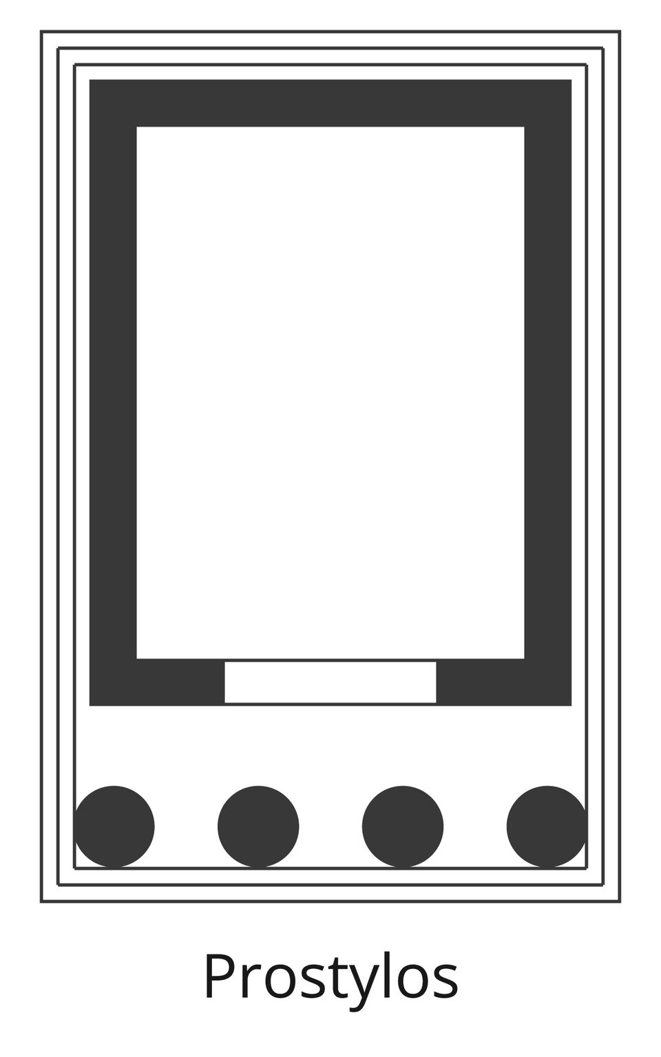 Czarno‑biała ilustracja przedstawia rzut na świątynię typu Prostylos. Do świątyni prowadzą dwie pary schodów, a sama budowla składa się ze ścian oraz kolumnady - cztery kolumny stojące przy czole budynku. 