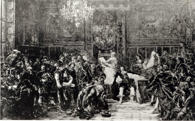 Ilustracja przedstawia grupę kilkudziesięciu mężczyzn zebranych w sali tronowej wokół siedzącego na tronie króla. Za nim na podwyższeniu stoi dostojnik kościelny, który trzyma w dłoniach kartkę papieru.