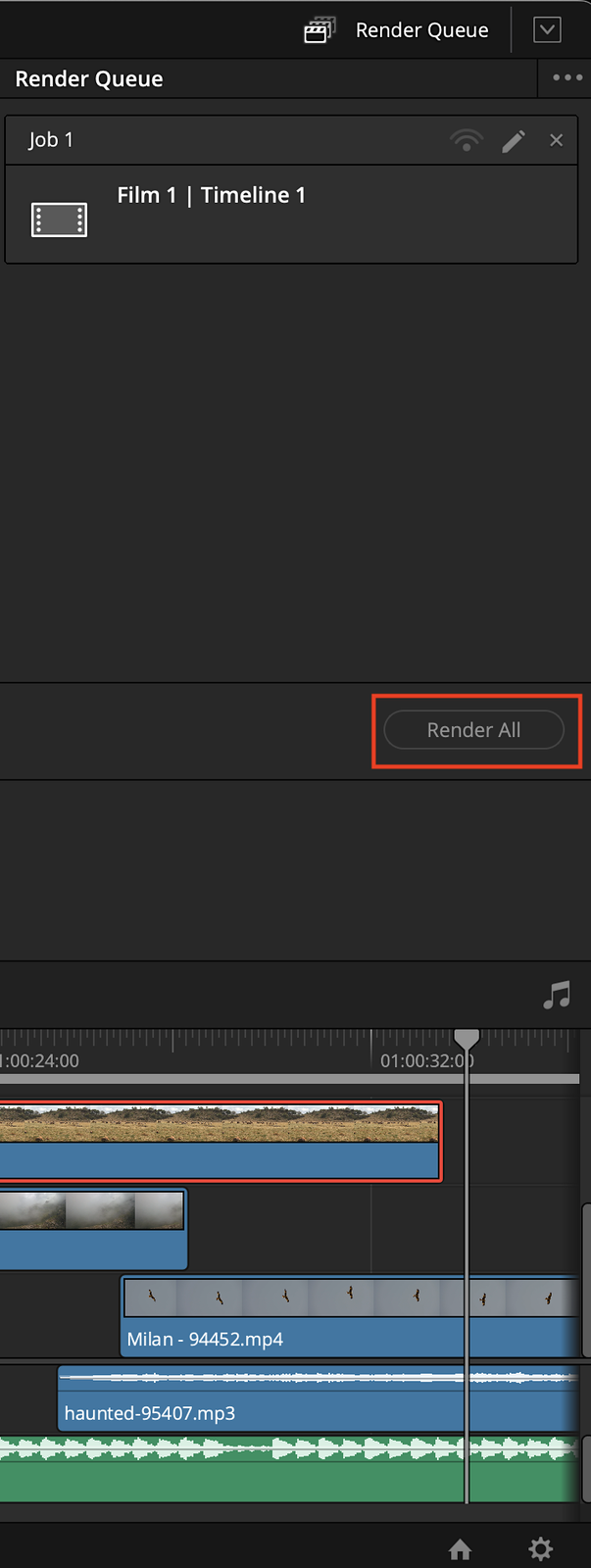 Ilustracja przedstawia część programu DaVinci Resolve. U góry znajduje się napis Render Queuea oraz część nazwana Job 1, Film 1, Timeline 1. Poniżej znajduje się zaznaczone opcja Render All. Na dole ilustracji znajdują się śnieżki do montażu. 