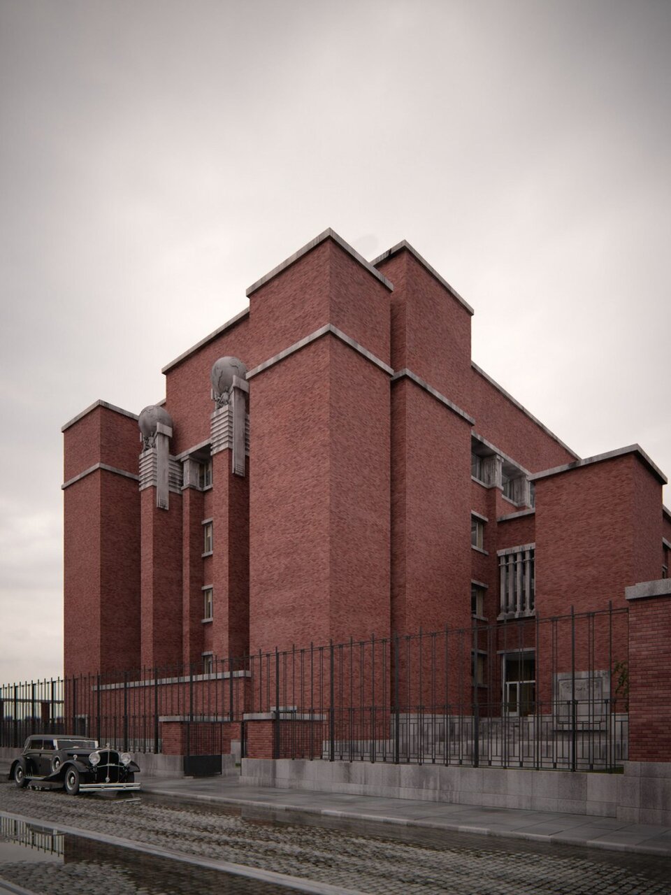 Ilustracja o kształcie pionowego prostokąta przedstawia Larkin Building w Buffalo zaprojektowany przez autorstwa Franka Lloyda Wrighta. Ukazany został od strony narożnej. Zbudowany jest w czerwonej cegły. W narożach znajdują się wysunięte ściany oraz współczesne filary dekorujące część frontalną. Pośrodku głównej ściany znajduje się rząd ułożonych jedno pod drugim okien. Boczne skrzydło zawiera dwa rzędy okien. Obiekt ogrodzony jest wysokim, metalowym płotem.