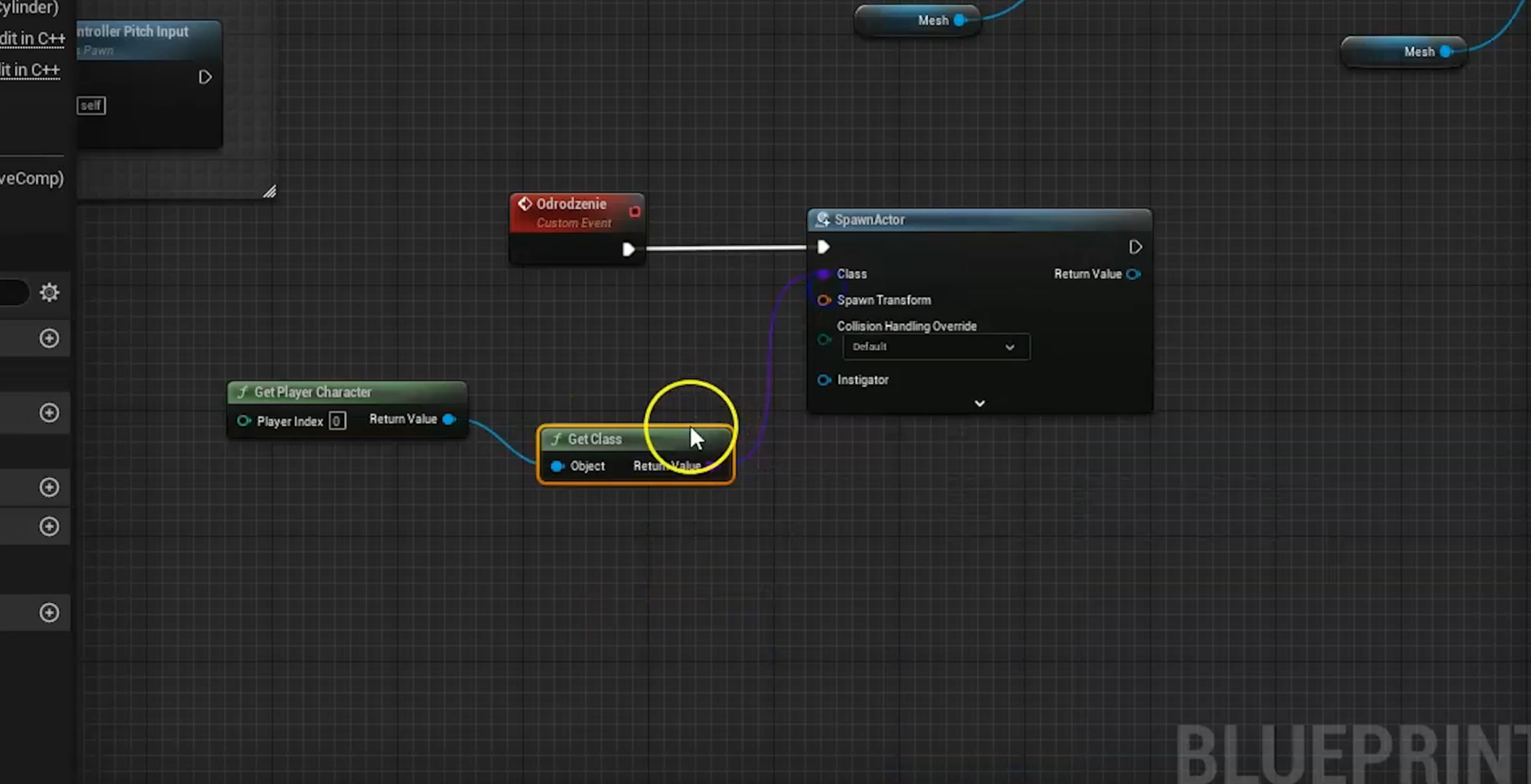 Fragment blueprintu postaci, w którym widoczne są funkcje odpowiedzialne za jej odrodzenie