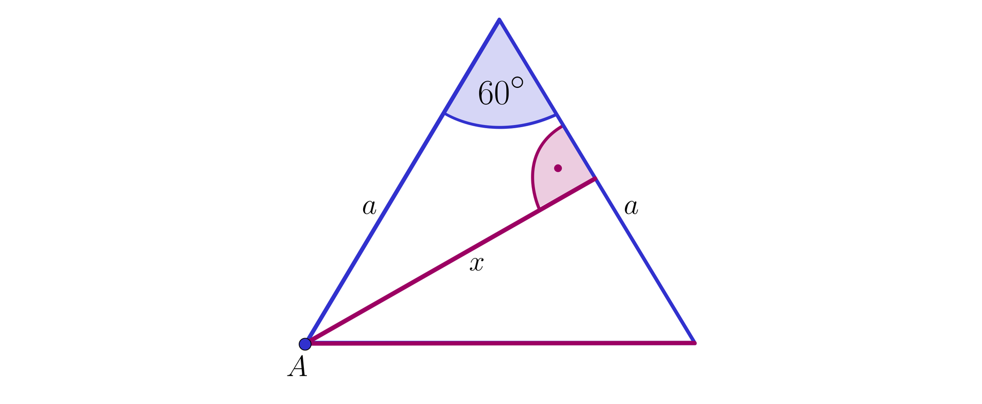 Ilustracja przedstawia trójkąt równoramienny o długości ramion a oraz kącie ostrym pomiędzy nimi wynoszącym  60 stopni. Z wierzchołka A znajdującego się w podstawie trójkąta, poprowadzona została wysokość o długości a.