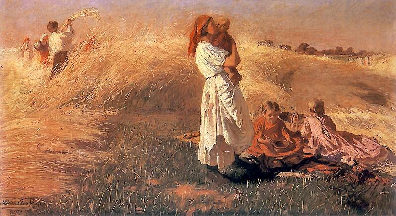 Obraz przedstawia scenę żniw na polu w słoneczny dzień. Po lewej stronie w tle widoczni są mężczyźni koszący zboże sierpami. Na pierwszym planie, po prawej stronie, znajduje się kobieta w białej sukni z czerwonym nakryciem głowy, trzymająca dziecko na rękach. Obok niej, na rozłożonym kocu lub płachcie, siedzą dwie dziewczynki –  jedna w jasnoróżowej sukni, a druga w czerwonej. Zboże tworzy wysokie, złociste fale, dominujące całą lewą i środkową część obrazu. Tło stanowi jasne niebo i zarys horyzontu z niskimi, ciemniejszymi formami przypominającymi drzewa lub wzgórza. Postacie są ujęte w naturalnych pozach, światło dzienne podkreśla barwy ubrań oraz kolor dojrzałego zboża.