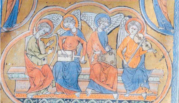 Fragment miniatury z początku XIII w. przedstawia aniołów grających na instrumentach. Od lewej przedstawione są: harfa, lira korbowa, psalterium, fidel. 