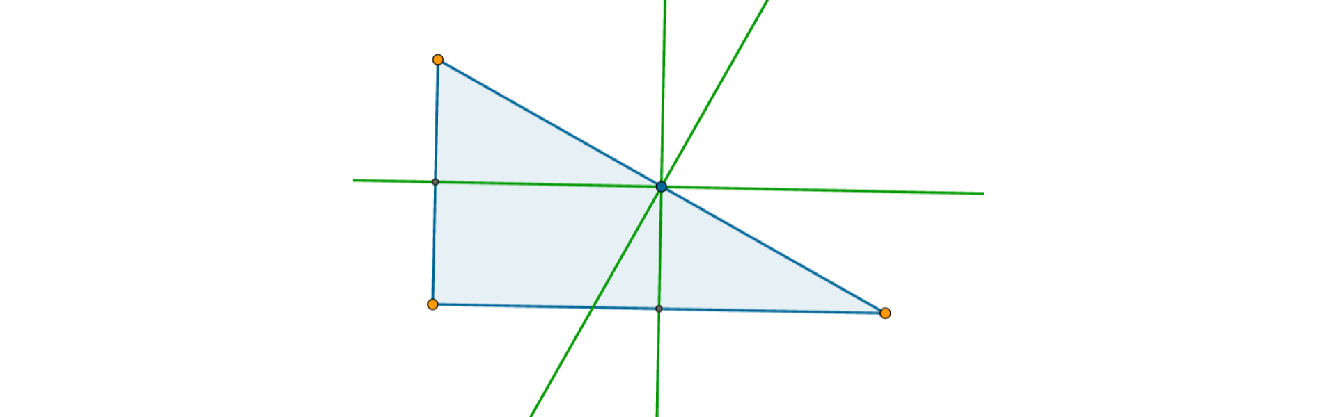 Rysunek trójkąta prostokątnego i symetralnych jego boków. Punkt przecięcia symetralnych boków trójkąta leży na przeciwprostokątnej trójkąta.