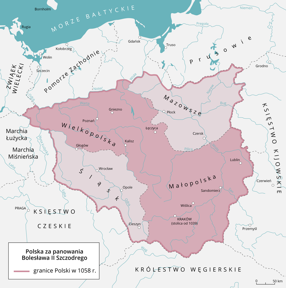 Mapa przedstawia Polskę za panowania Bolesława drugiego Szczodrego w 1058 roku. W jej skład wchodził Śląsk, Mazowsze, Wielkopolska i Małopolska. 