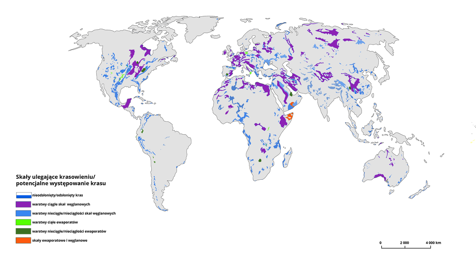 Mapa świata przedstawia występowanie skał krasowiejących na Ziemi. Kolorem fioletowym zaznaczono warstwy ciągłe skał węglanowych. Praktycznie na każdym kontynencie mają one swoje występowanie, a największe skupiska występują: na północy Ameryki Północnej oraz na jej południowym wschodzie, wzdłuż całego zachodniego wybrzeża Ameryki Południowej i na wschodniej jej części, na północy Afryki oraz w środkowej części, generalnie w całej Europie, na północno-wschodniej oraz południowej części Azji, na południu Australii i części Oceanii. Warstwy nieciągłe skał węglanowych zaznaczono kolorem niebieskim - również występują na wszystkich kontynentach (tereny górskie: Góry Skaliste, Apallachy, Andy, Alpy, Góry Atlas, Himalaje). Kolorem limonkowym zaznaczono występowanie warstw ciągłych ewaporatów – są one w południowej części Ameryki Północnej, w południowej Europie. Kolorem ciemno-zielonym warstwy nieciągłe ewaporatów - na zachodnim wybrzeżu Ameryki Łacińskiej. Kolorem czerwonym zaznaczono skały ewaporatowe i węglanowe – występują w Somalii w Afryce.